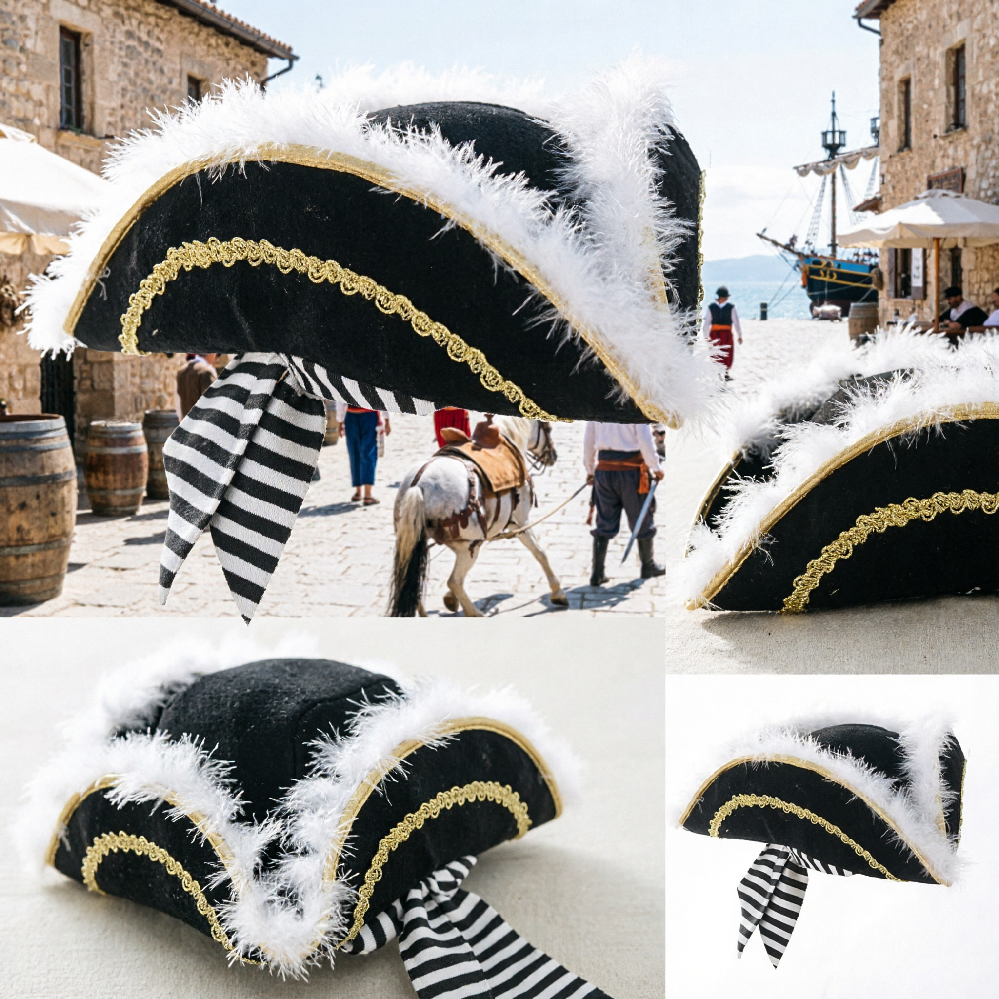 Black Colonial Tricorn Hat with White Feathers and Gold Braid for Pirate Musketeer Costume Party - Asian Costume
