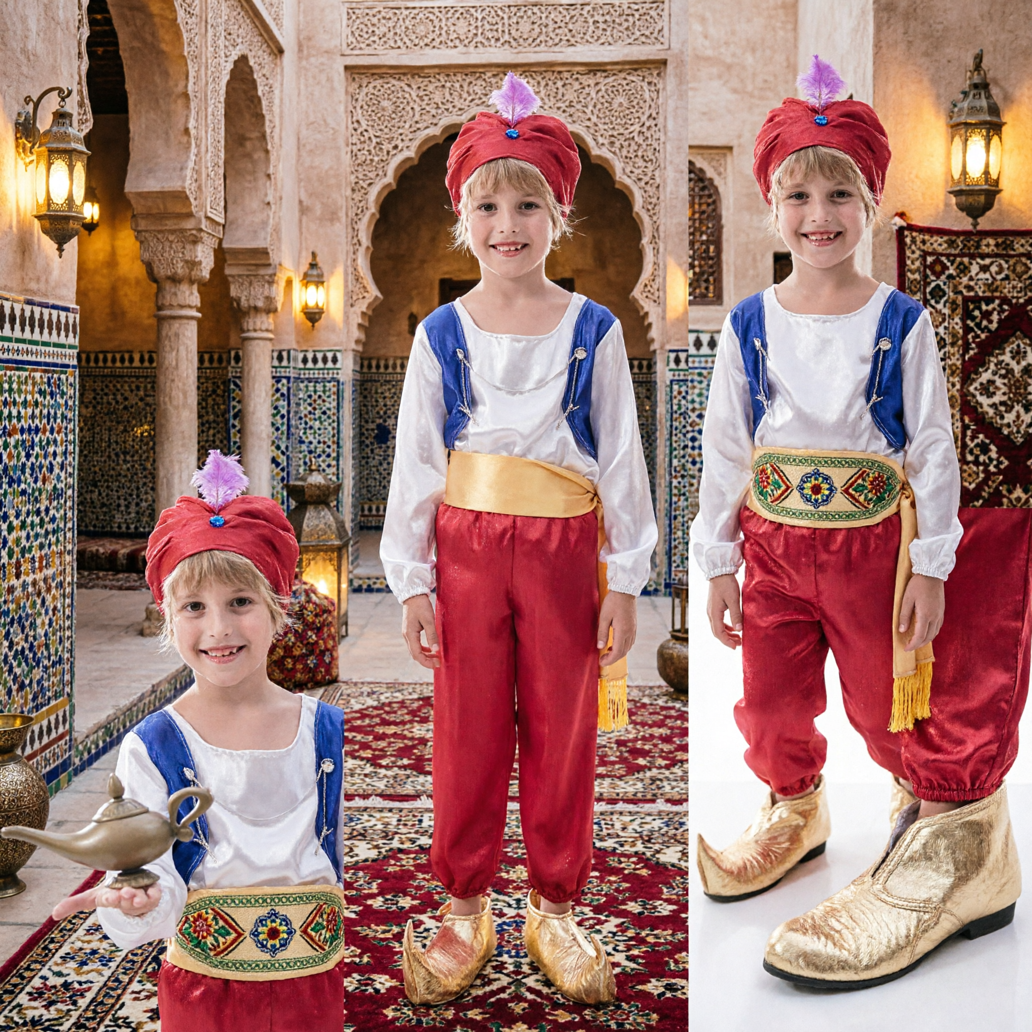 Kids Aladdin Arabian Prince Costume Set Boy Halloween Cosplay Outfit with Turban Lamp and Shoes - Asian Costume