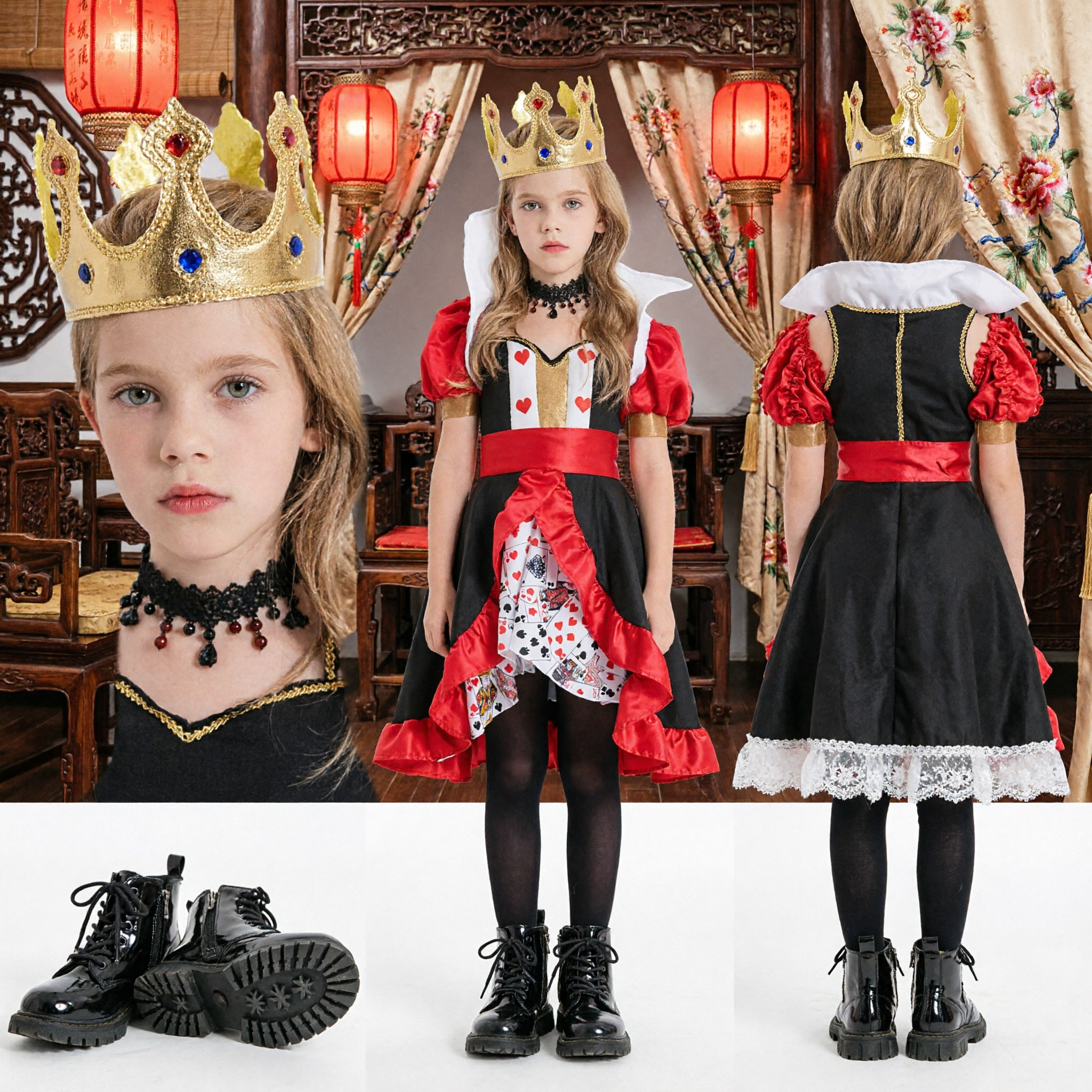 Girls Queen of Hearts Costume Alice in Wonderland Fancy Dress Up Outfit for Halloween Cosplay Party with Crown - Asian Costume