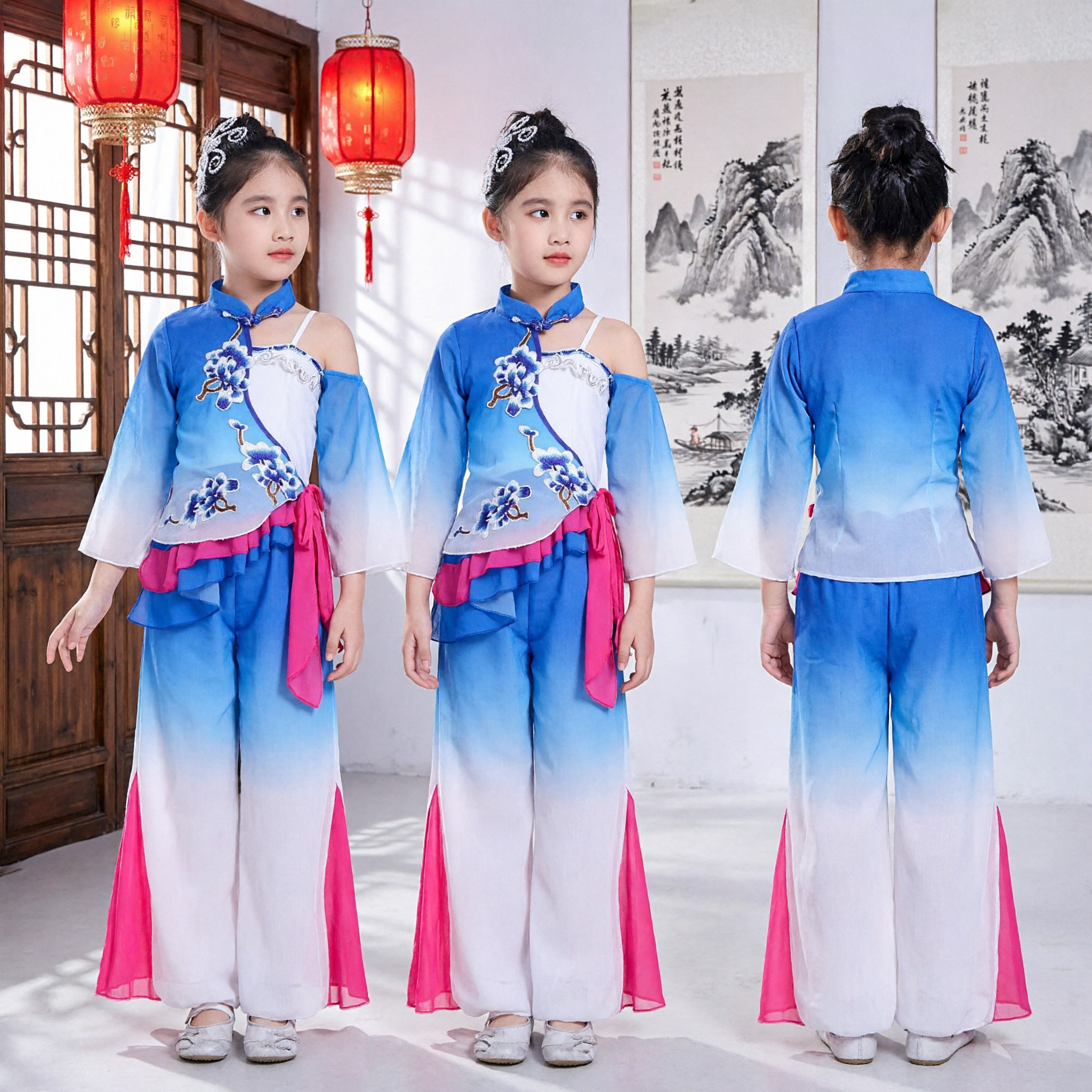 Kids Chinese Classical Dance Costume Girls Blue Floral Embroidery Folk Performance Outfit with Wide Pants - Asian Costume