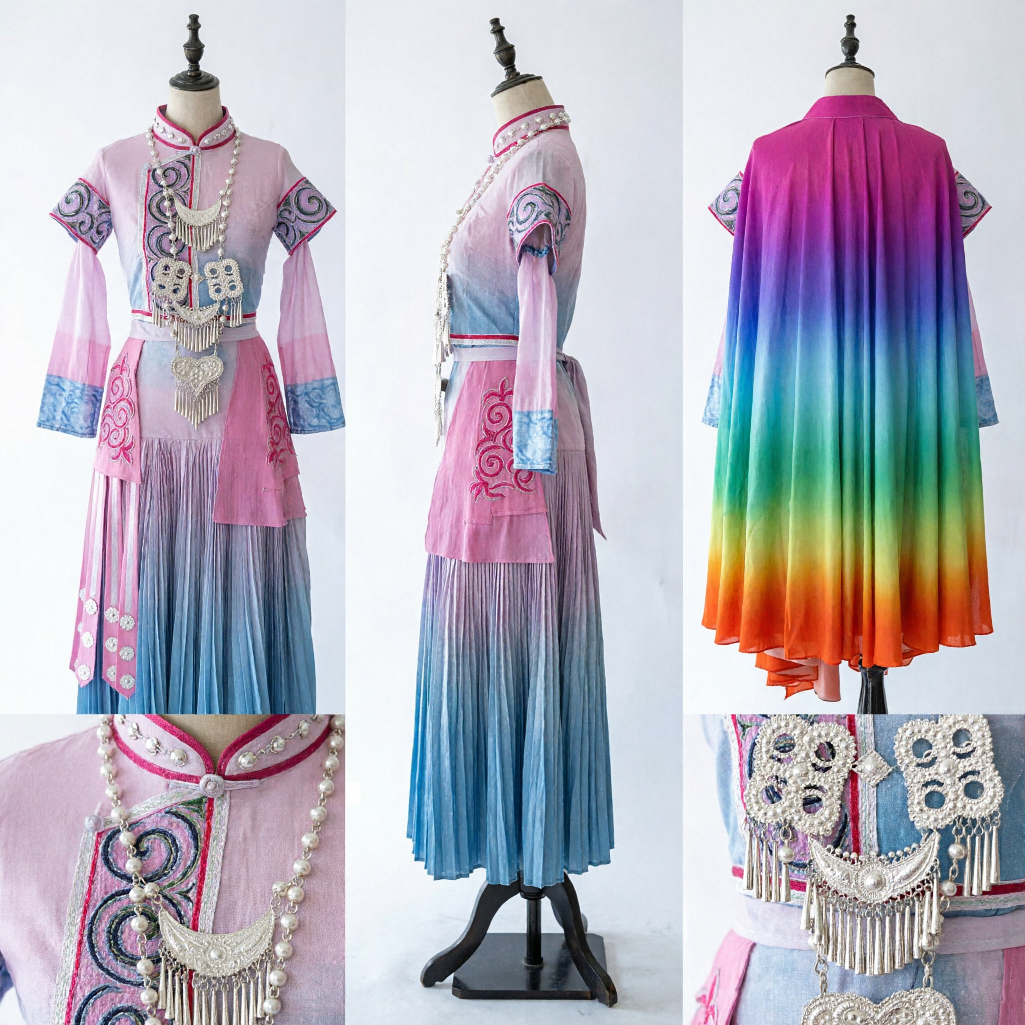 Women's Traditional Chinese Fairy Costume Pink Blue Hanfu Dress with Rainbow Cape for Stage Performance - Asian Costume