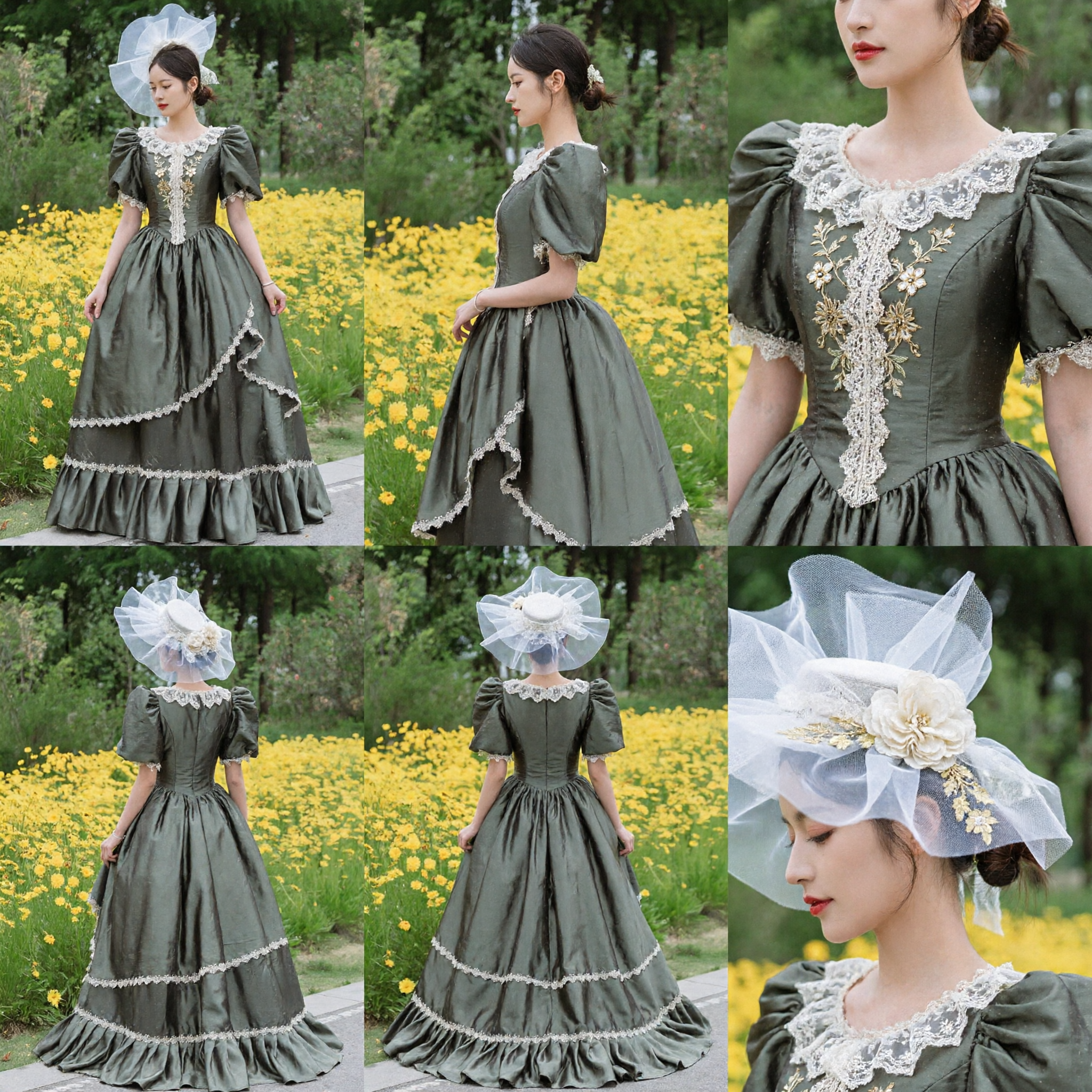 Elegant Sage Green Victorian Era Ball Gown with Lace Trim and Puff Sleeves for Women Cosplay - Asian Costume