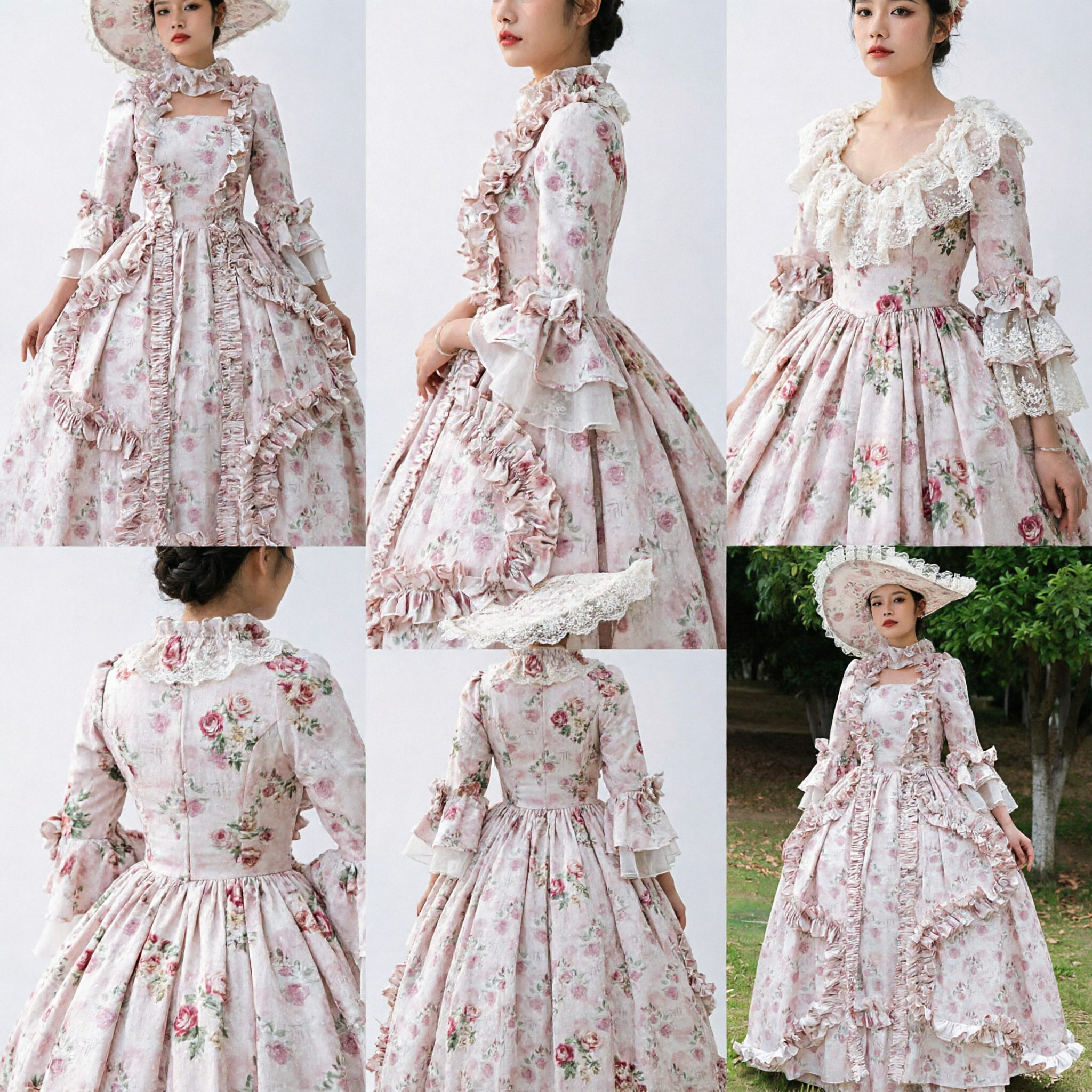 Elegant Pink Floral Rococo Ball Gown with Hat Marie Antoinette Historical Costume for Women Parties - Asian Costume