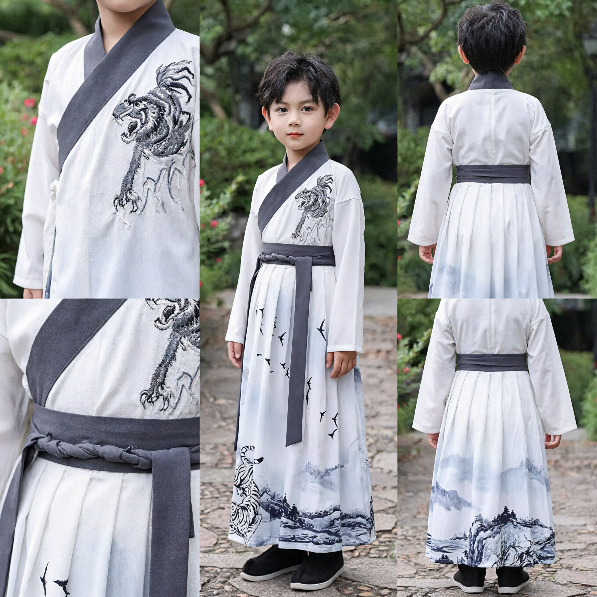 Traditional Chinese Hanfu Costume for Boys Kids Ancient Ink Wash Tiger Print Robe for Performance - Asian Costume