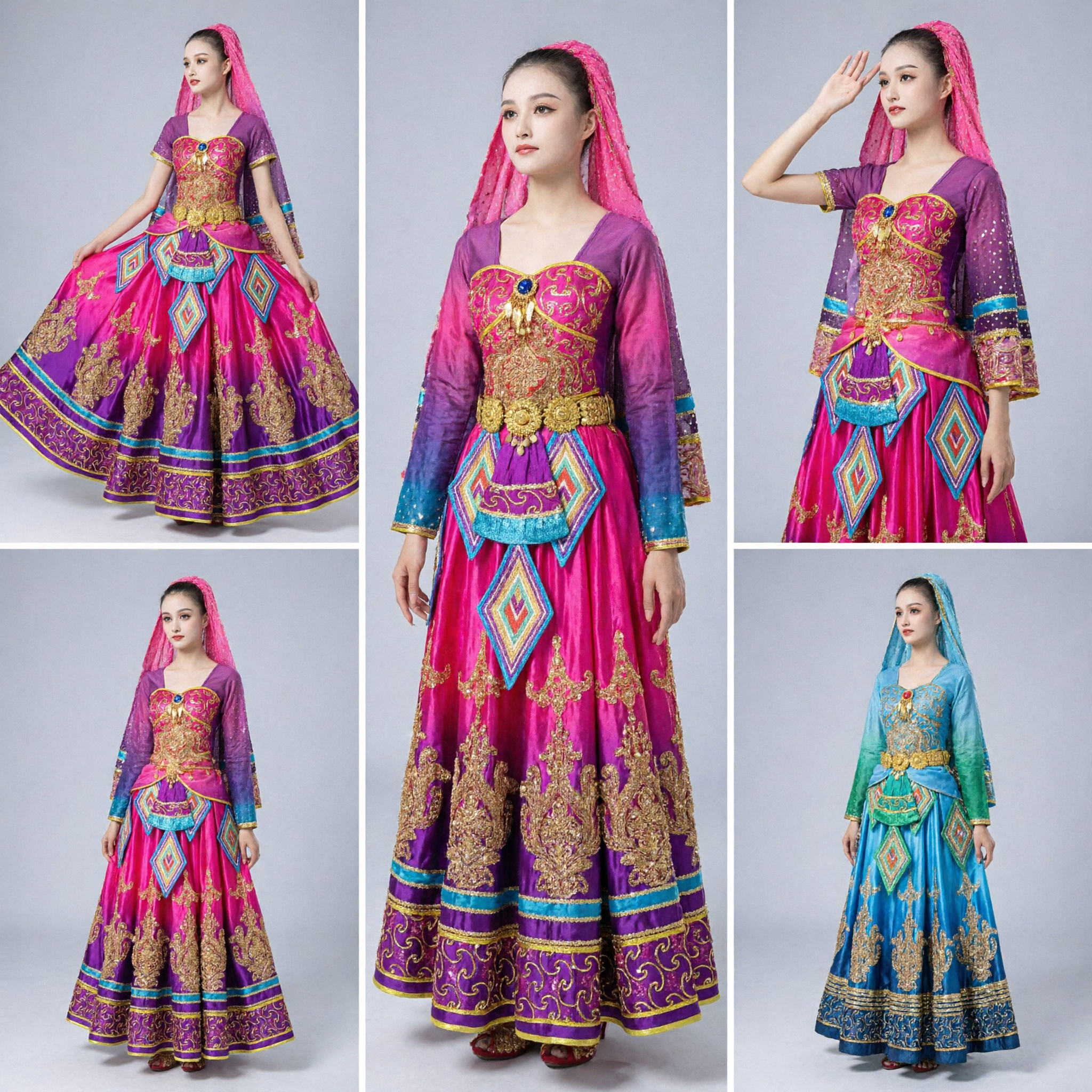 Traditional Uyghur Dance Costume Purple Pink Long Skirt Gold Embroidery Dress for Women Stage Performance - Asian Costume