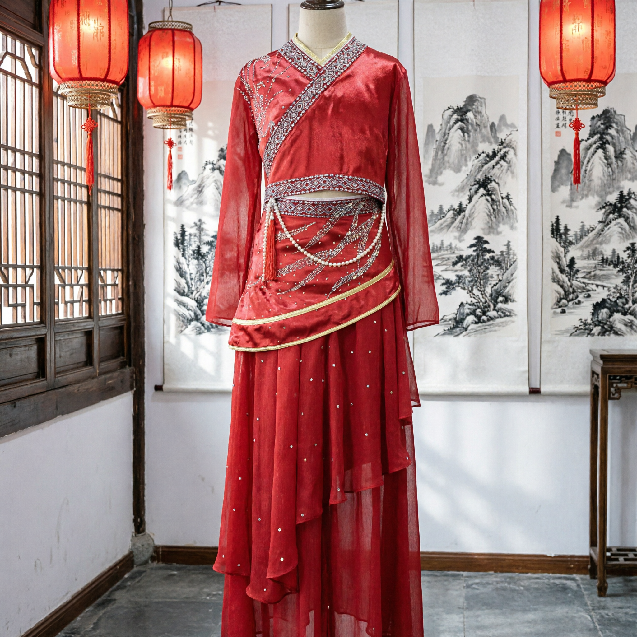 Women's Red Chinese Traditional Ethnic Dance Costume Folk Stage Performance Dress with Beading Details - Asian Costume