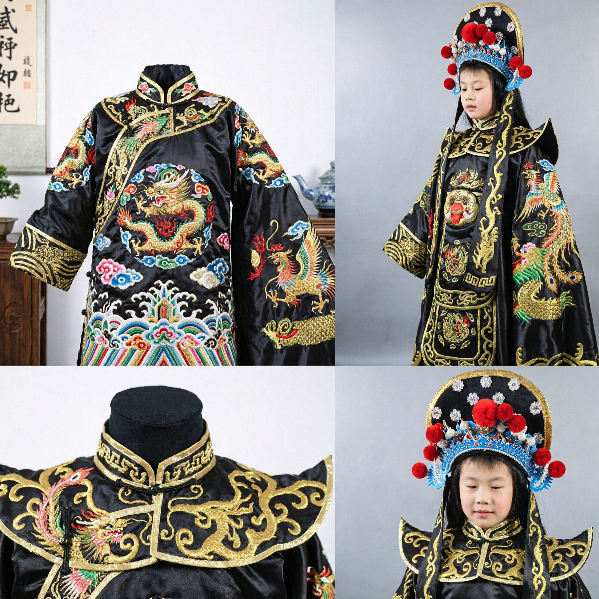 Traditional Chinese Peking Opera Costume for Kids Black General Dragon Embroidery Headdress Stage Performance Outfit - Asian Costume