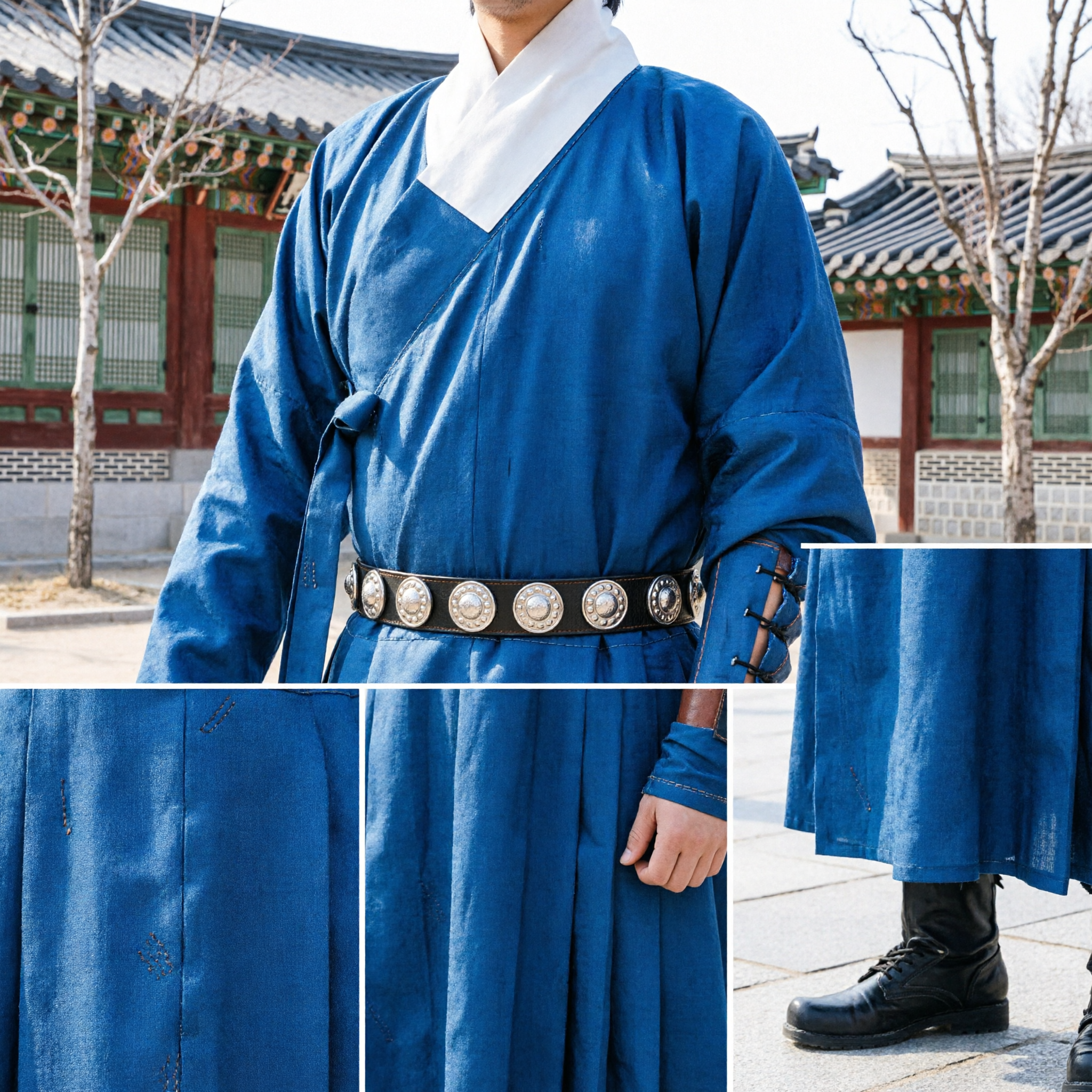 Men's Traditional Korean Archery Blue Hanbok Robe and Gat Hat Set for Historical Reenactment - Asian Costume