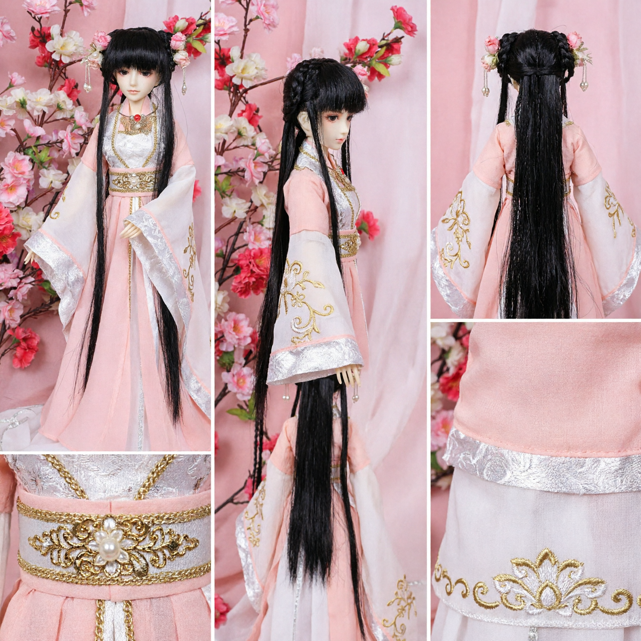 Exquisite Pink Hanfu Ball Jointed Doll in Traditional Chinese Ancient Costume with Floral Accessories for Collectors - Asian Costume