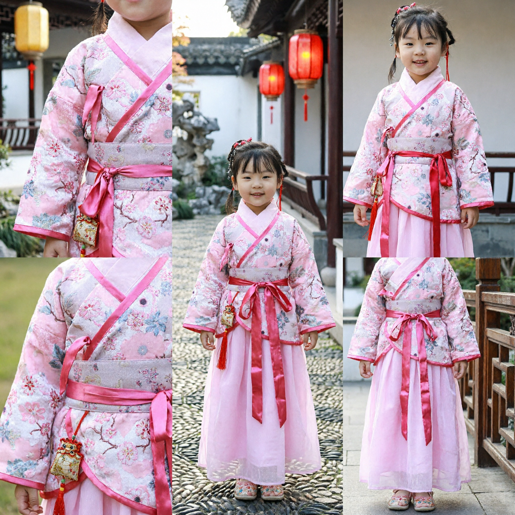 Toddler Girls Pink Floral Hanfu Traditional Chinese Ancient Costume Dress for Lunar New Year Festival - Asian Costume