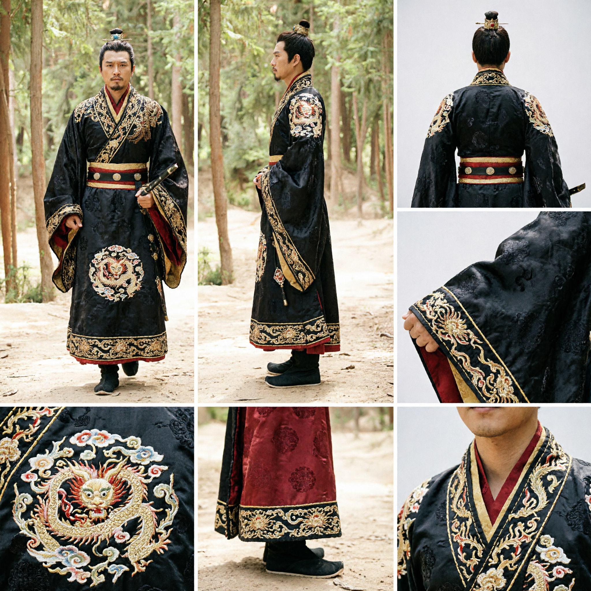 Men's Traditional Chinese Hanfu Emperor Costume Black and Gold Historical Cosplay Robe for Photography - Asian Costume