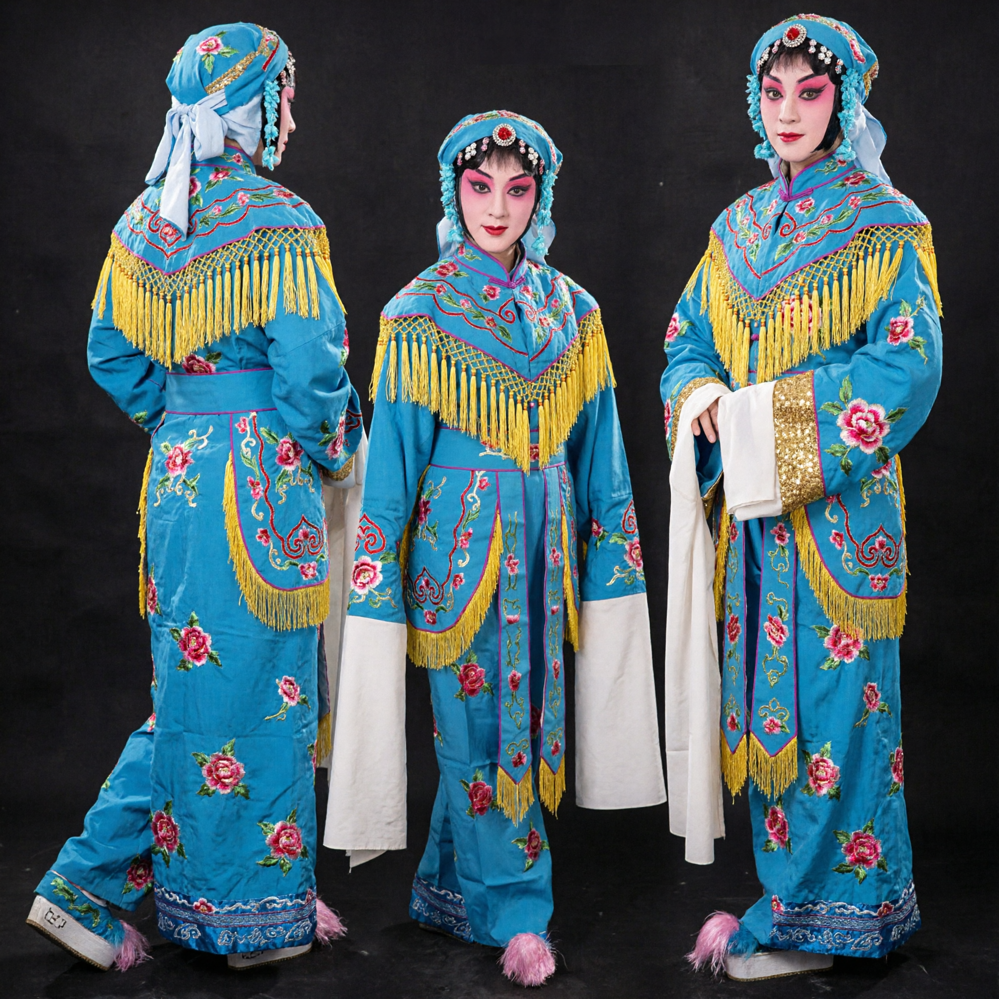 Traditional Blue Peking Opera Costume for Women Embroidered Dan Role Performance Outfit with Headdress - Asian Costume