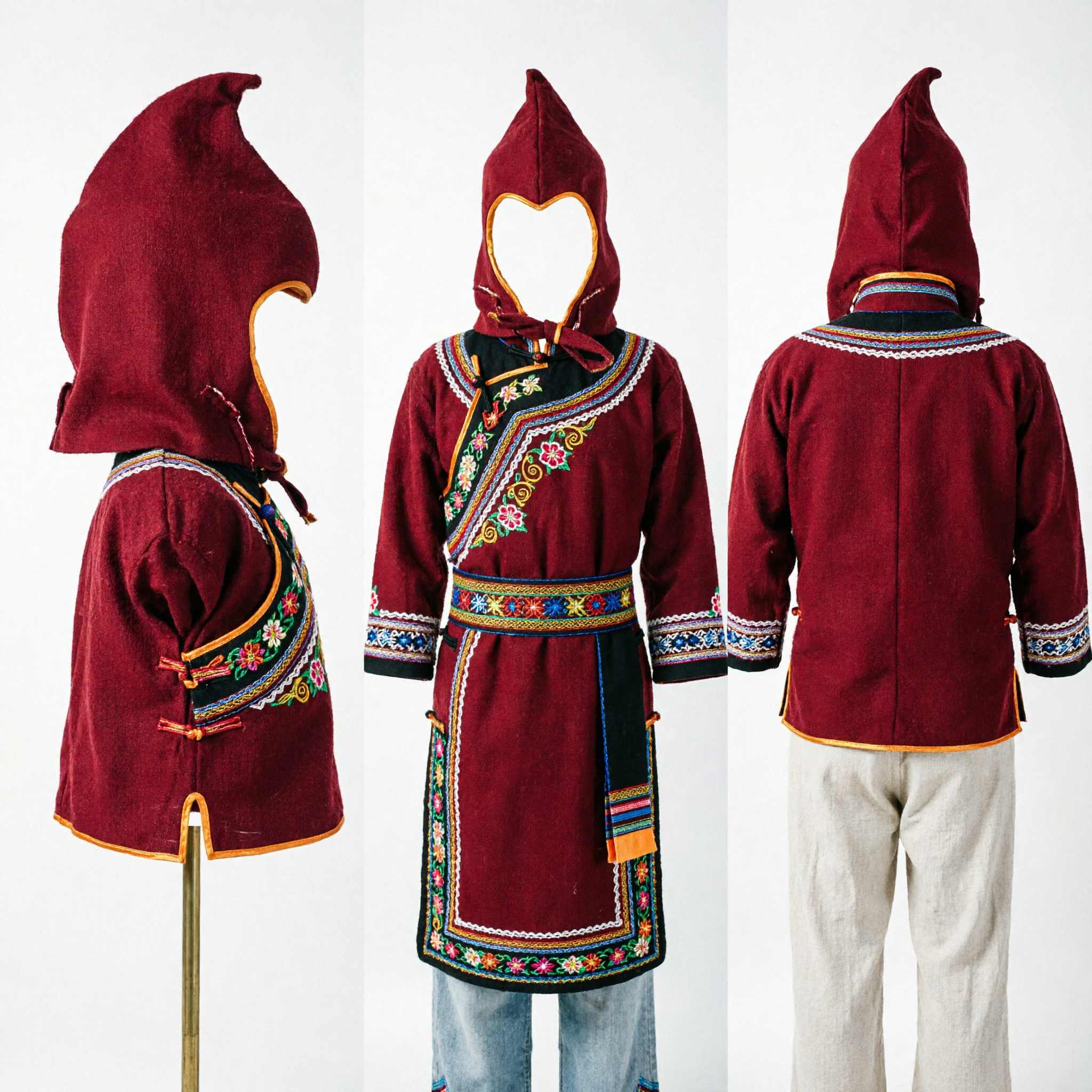 Deep Red Pointed Costume Hood Hat with Yellow Trim for Halloween Cosplay Jester Elf Outfits - Asian Costume