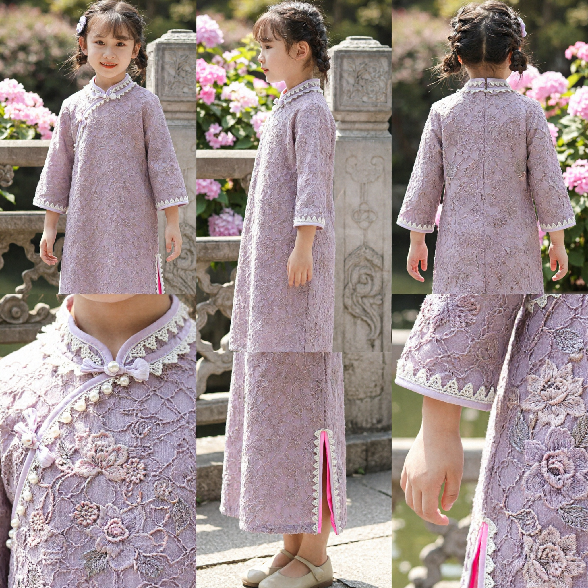 Traditional Chinese Purple Lace Cheongsam Dress for Girls Kids Qipao Costume Festival Party Wear - Asian Costume