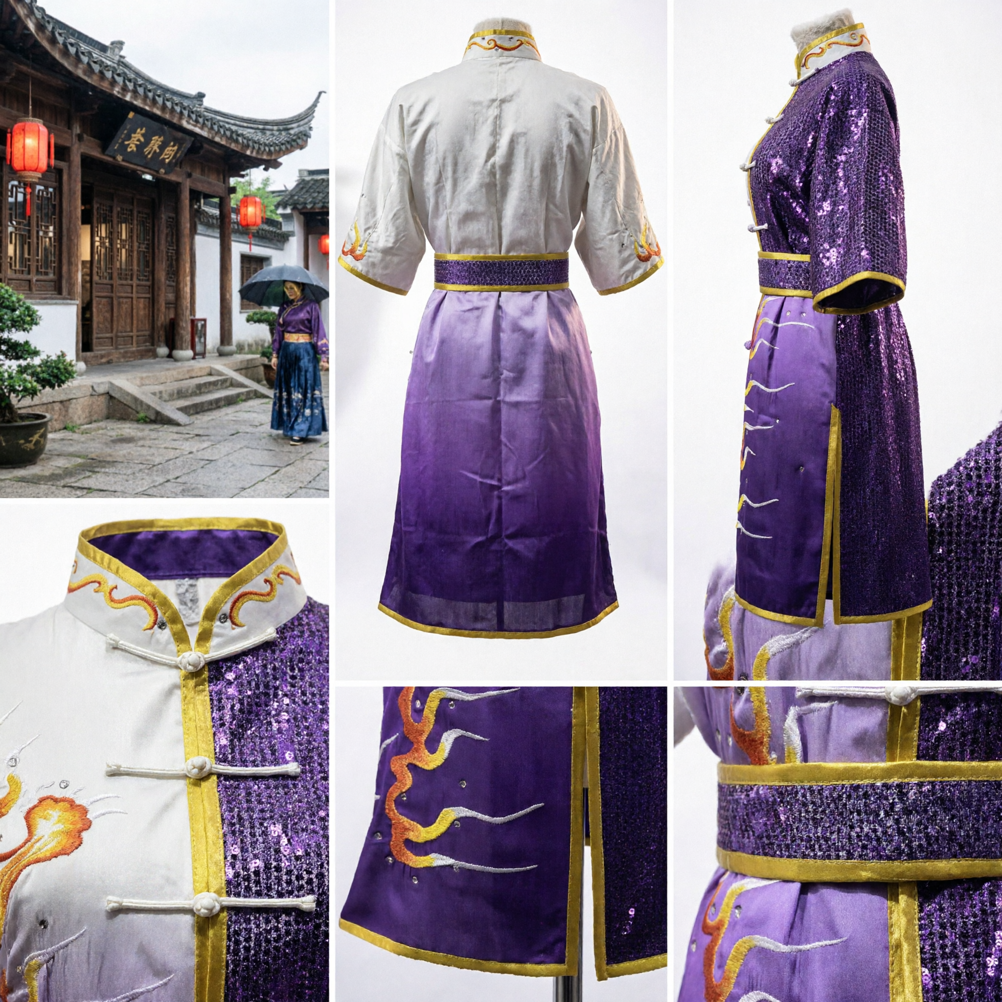 Traditional Chinese Kung Fu Uniform Purple Sequin Dragon Embroidery Martial Arts Tai Chi Performance Costume for Men - Asian Costume