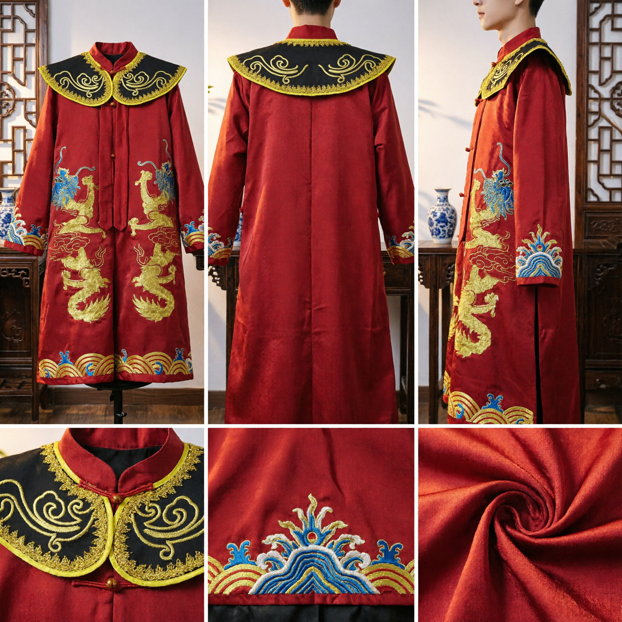 Chinese Peking Opera Red Dragon Embroidered Cape Cloak Traditional Stage Performance Costume for Men - Asian Costume