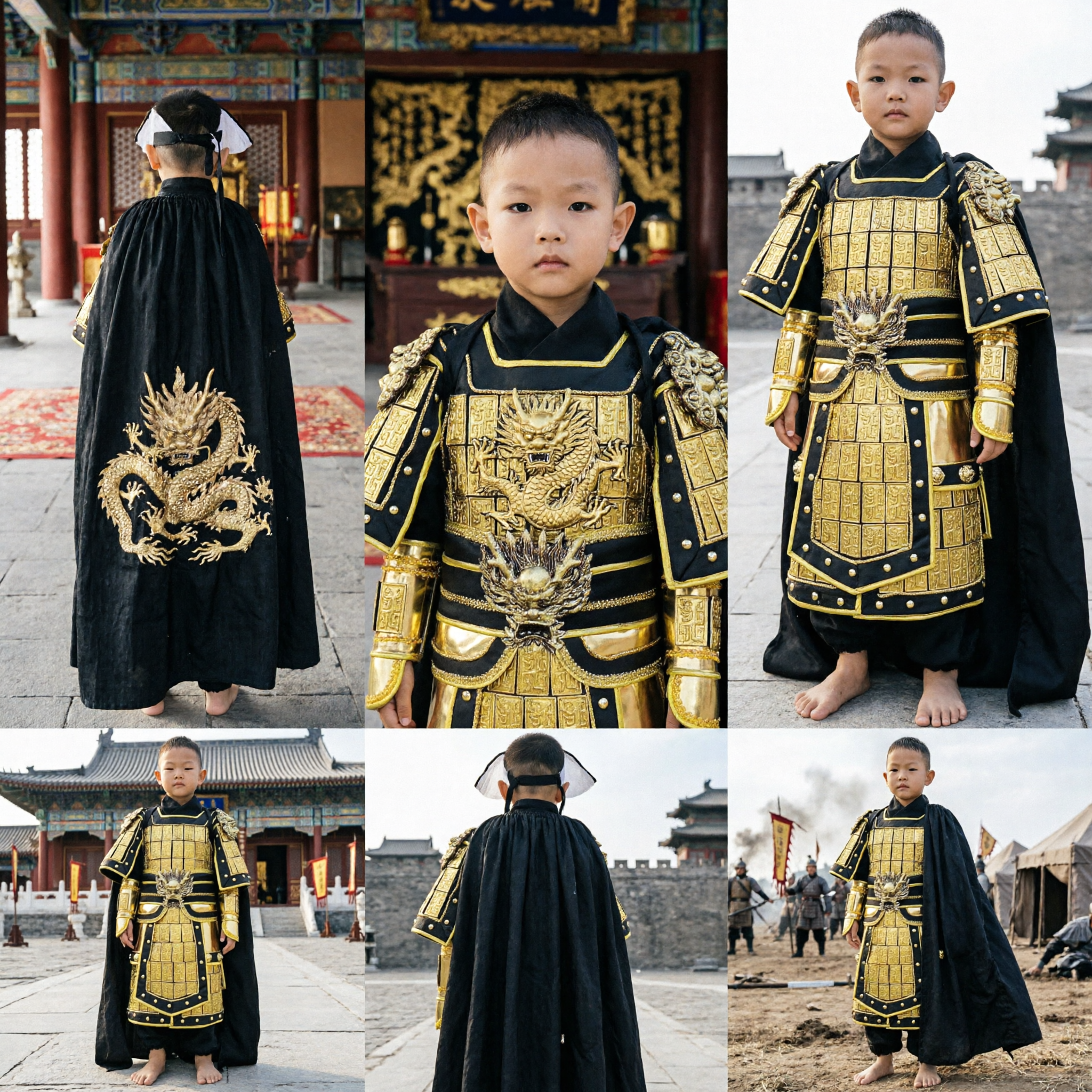 Traditional Chinese Ancient General Armor Costume Kids Boys Black Gold Warrior Outfit for Halloween Performance - Asian Costume
