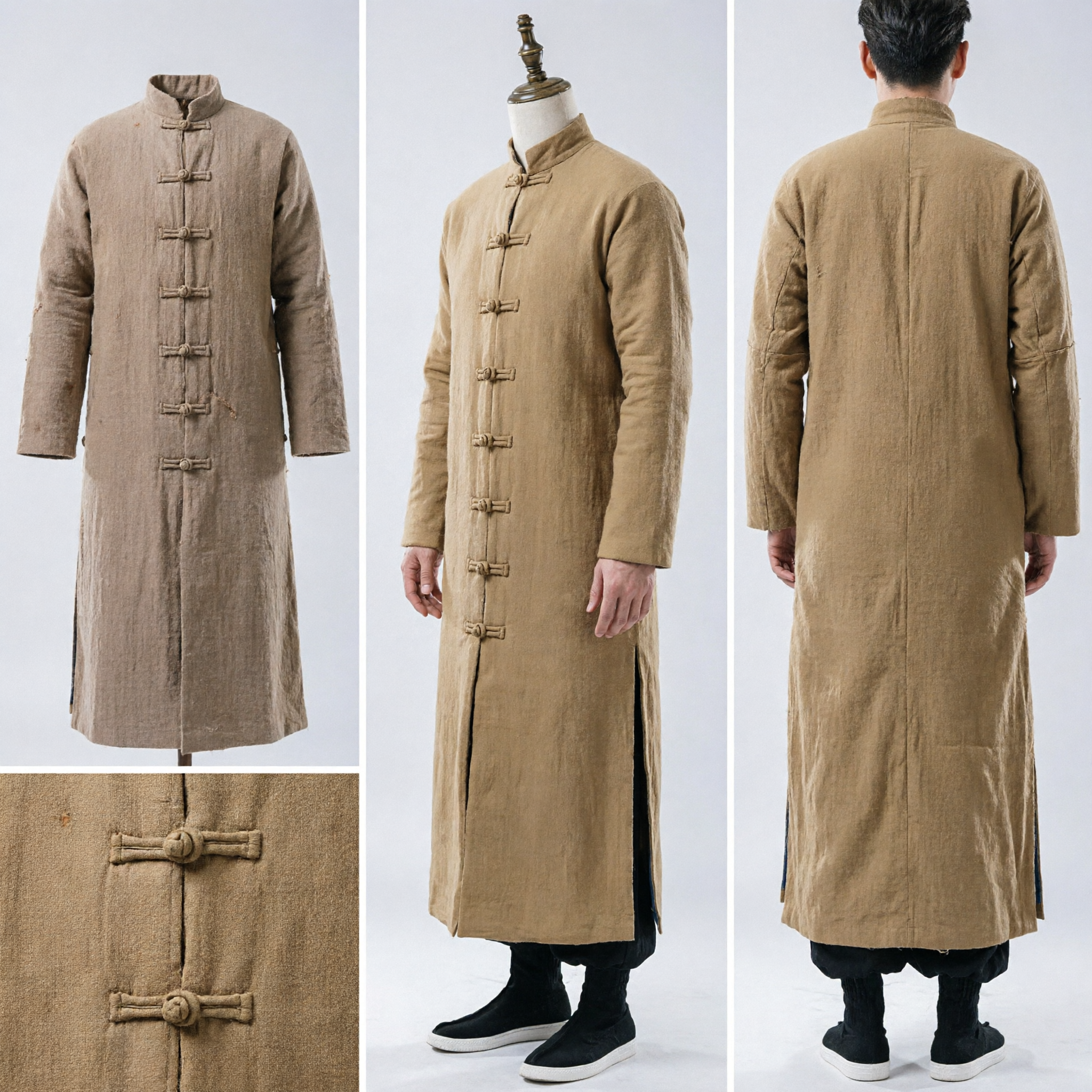 Men's Traditional Chinese Changshan Long Coat Camel Tang Suit Winter Cotton Padded Clothing Mandarin Collar - Asian Costume