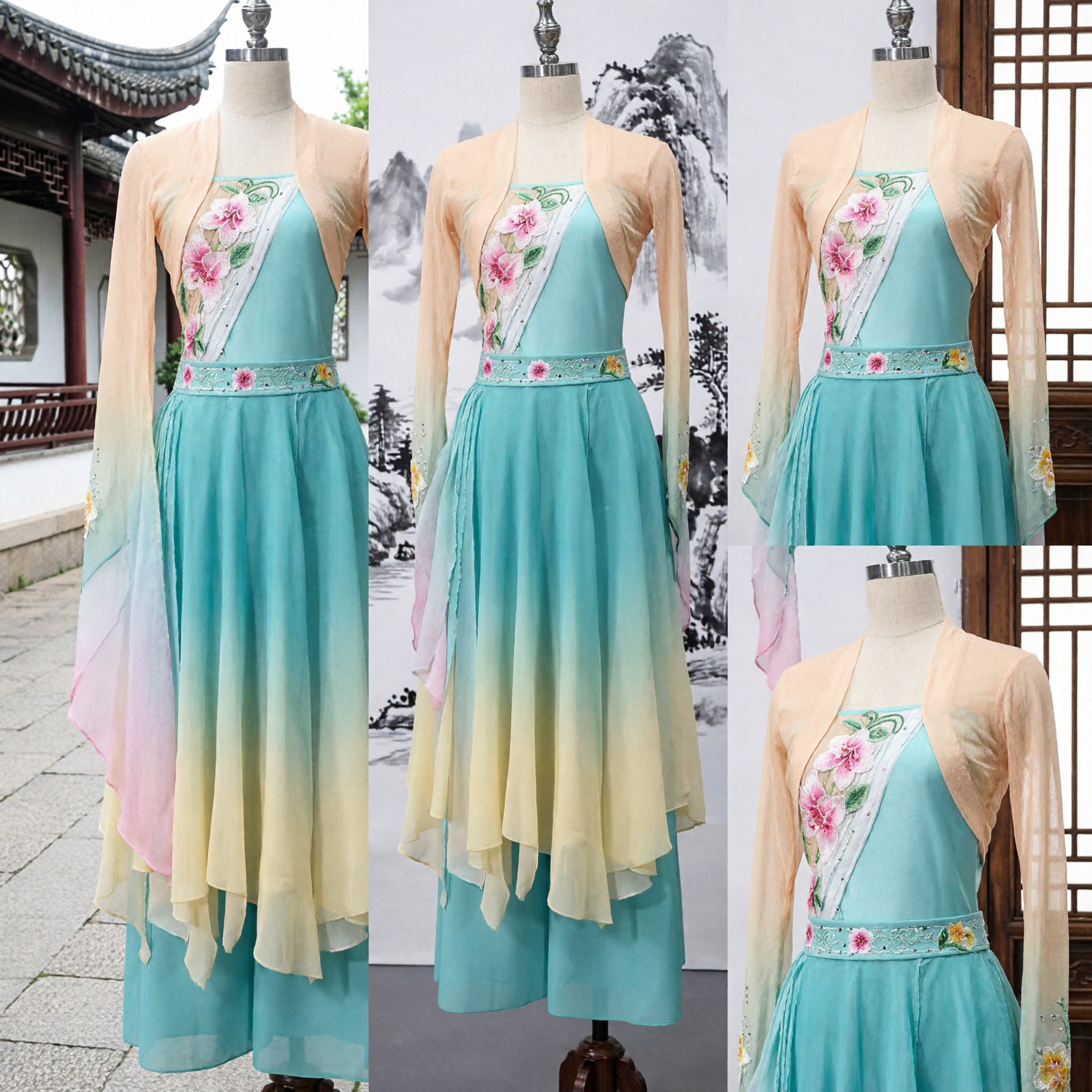 Traditional Chinese Classical Dance Costume Women Teal Gradient Embroidered Hanfu Dress for Stage Performance and Fan Dance - Asian Costume