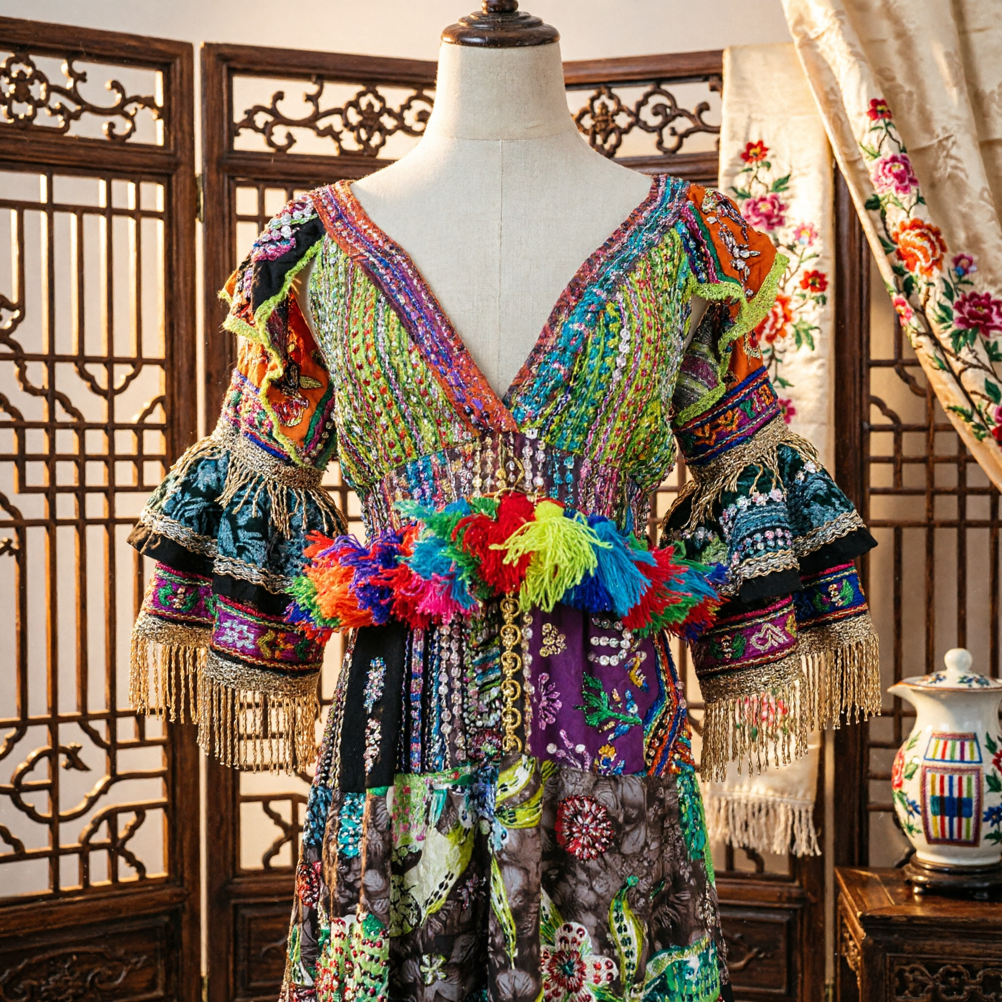 Colorful Bohemian Patchwork Dress with Fringe Tassels and Sequins for Women Festival Stage Costume - Asian Costume