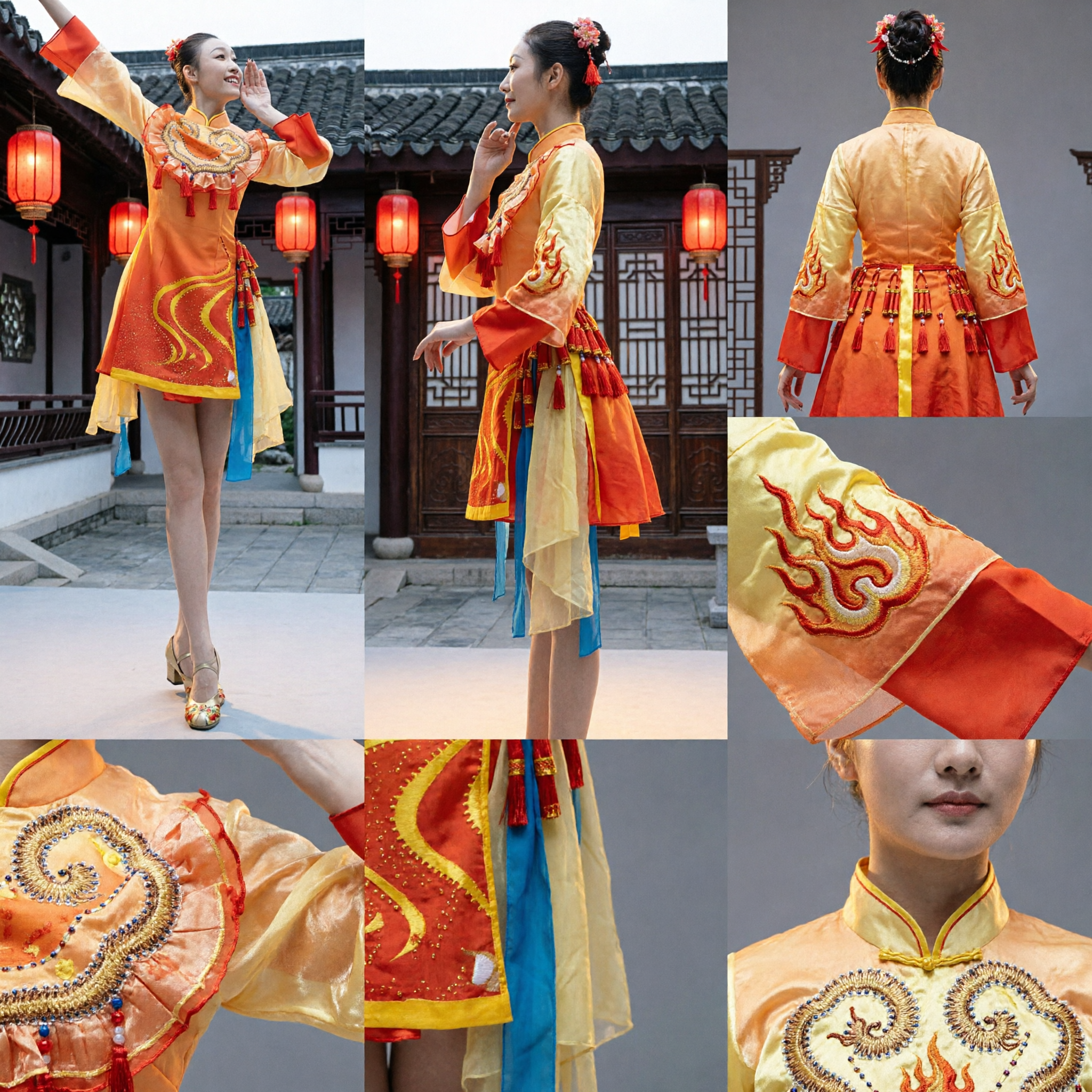 Traditional Chinese Folk Dance Costume Women's Orange Yangge Fan Dance Dress Festival Performance Outfit - Asian Costume