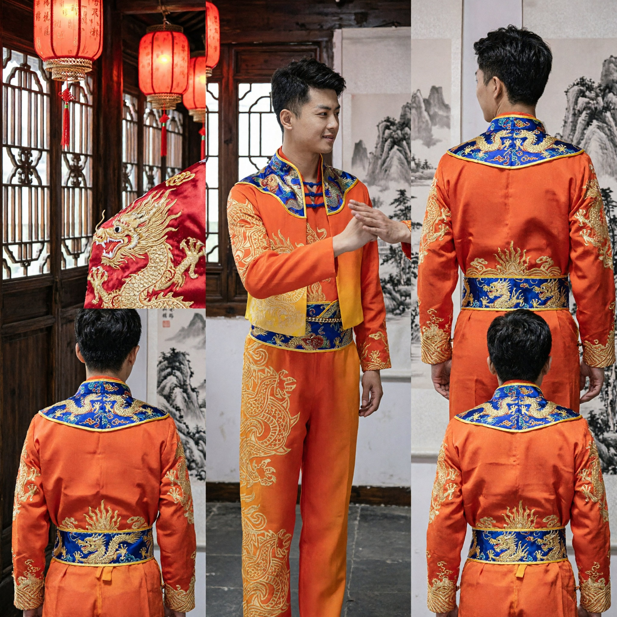 Men's Traditional Chinese Yangge Folk Dance Costume Orange Dragon Embroidery Stage Performance Outfit Set - Asian Costume