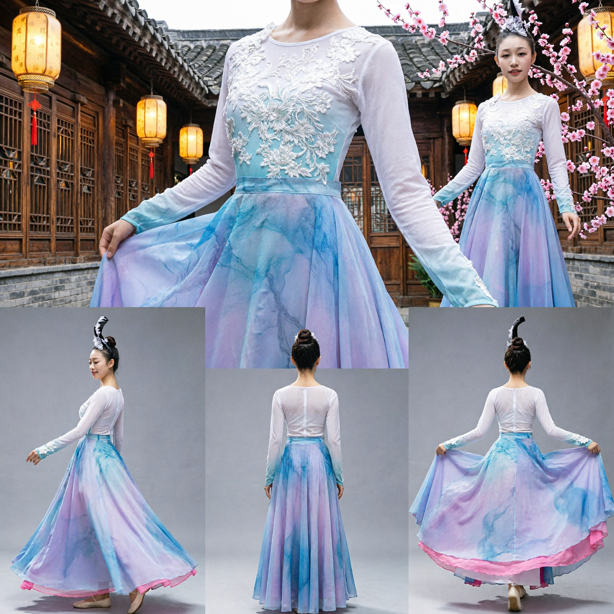 Professional Chinese Classical Dance Dress for Women Blue Gradient Skirt Long Sleeve Stage Performance Costume - Asian Costume