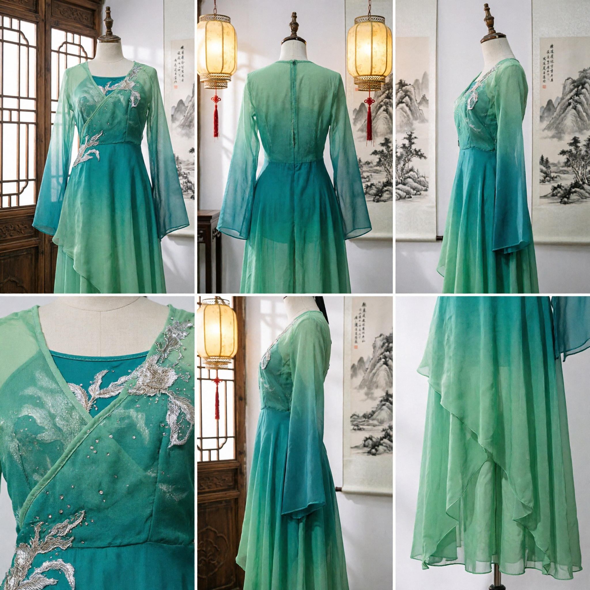 Elegant Green Gradient Hanfu Traditional Chinese Ancient Fairy Dress with Silver Embroidery for Stage Dance Performance - Asian Costume