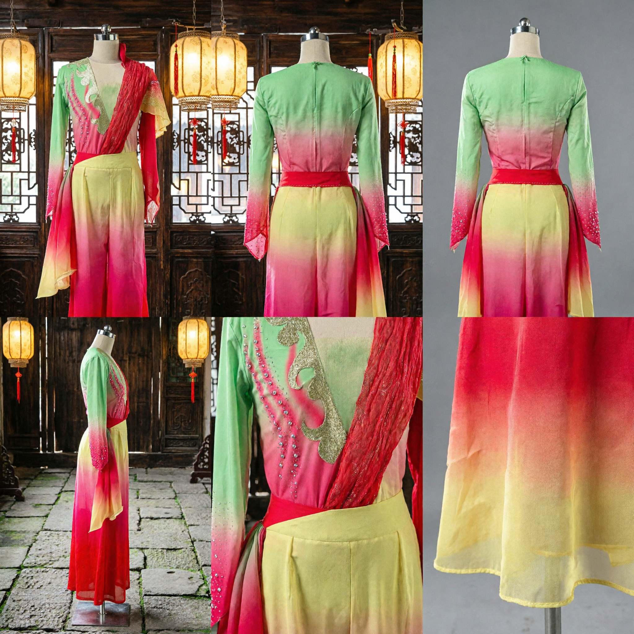 Chinese Classical Dance Costume Gradient Green and Red Stage Performance Dress with Rhinestones for Women - Asian Costume