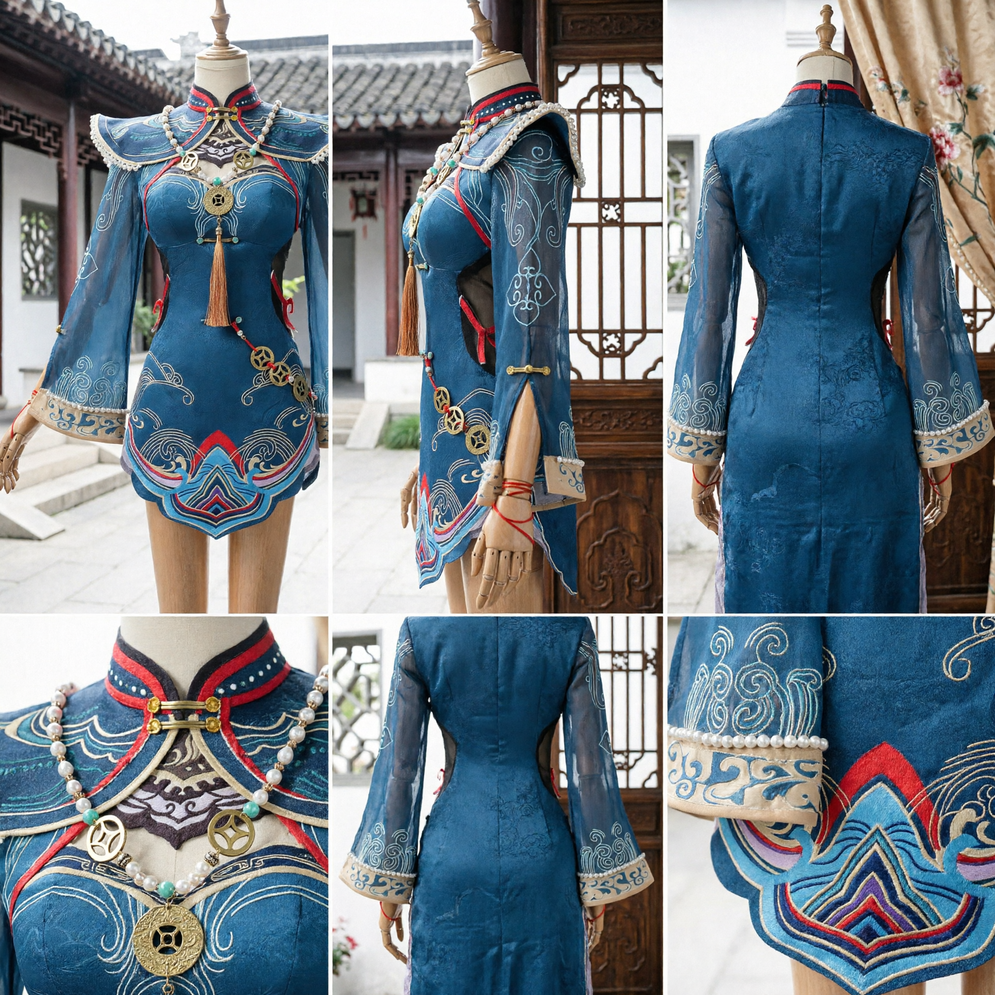 Elegant Blue Chinese Traditional Costume Embroidered Qipao Dress with Pearl Cape for Women Cosplay Performance - Asian Costume
