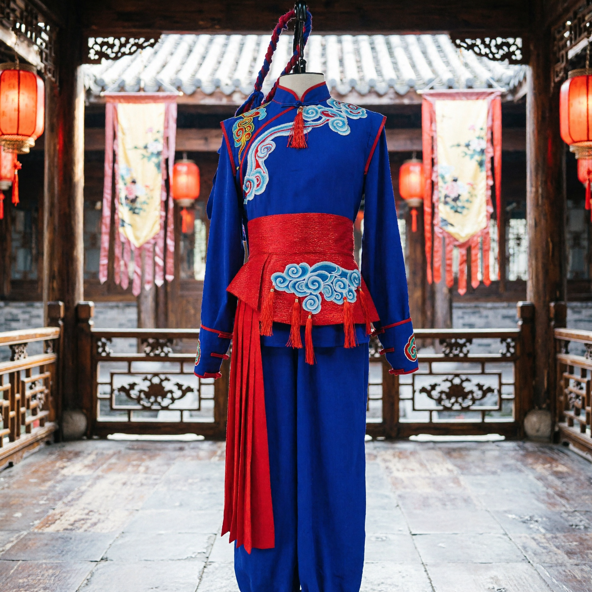 Traditional Chinese Blue Kung Fu Uniform Men Martial Arts Stage Performance Costume with Cloud Embroidery - Asian Costume