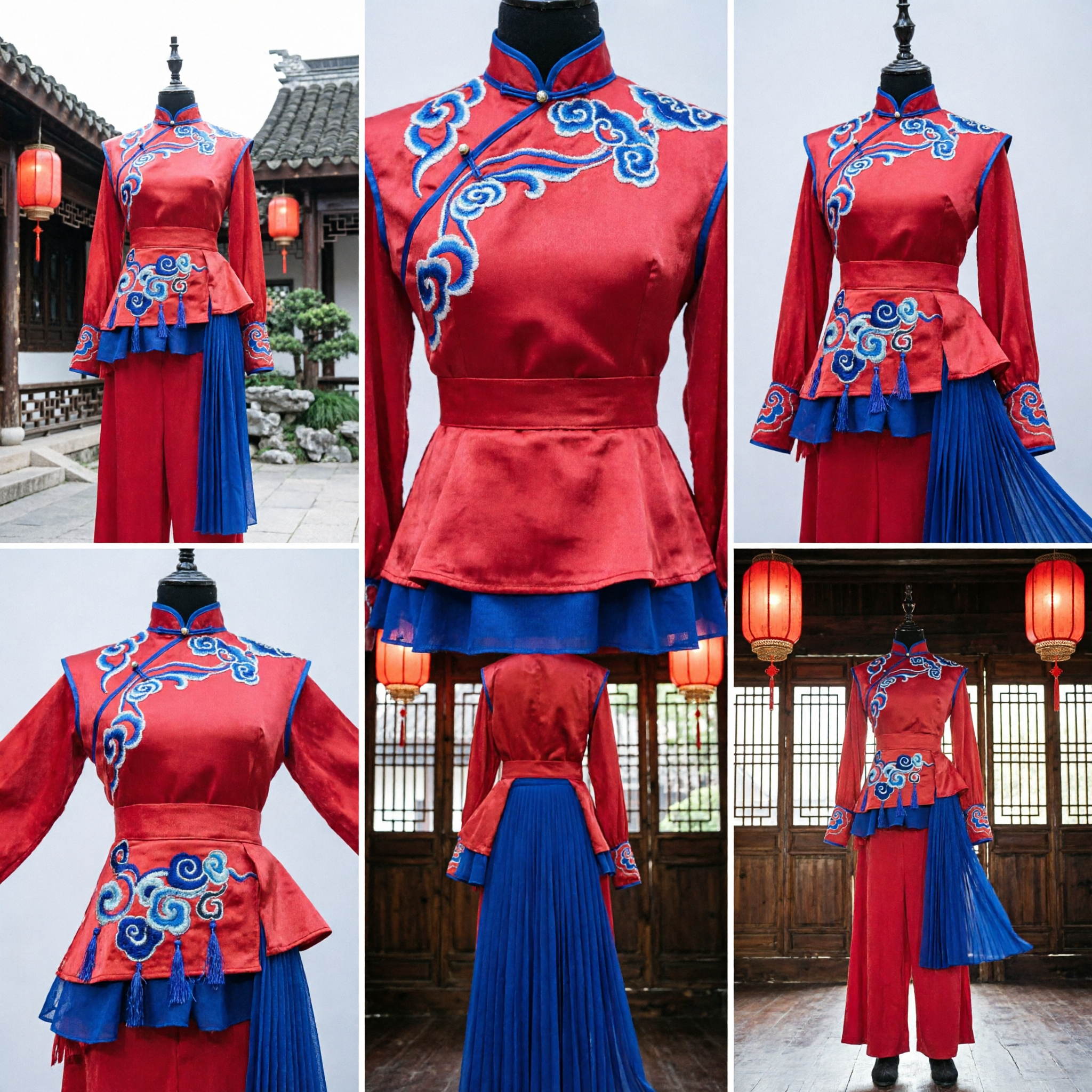 Traditional Chinese Folk Dance Costume Red and Blue Embroidered Yangge Stage Performance Outfit for Adults - Asian Costume