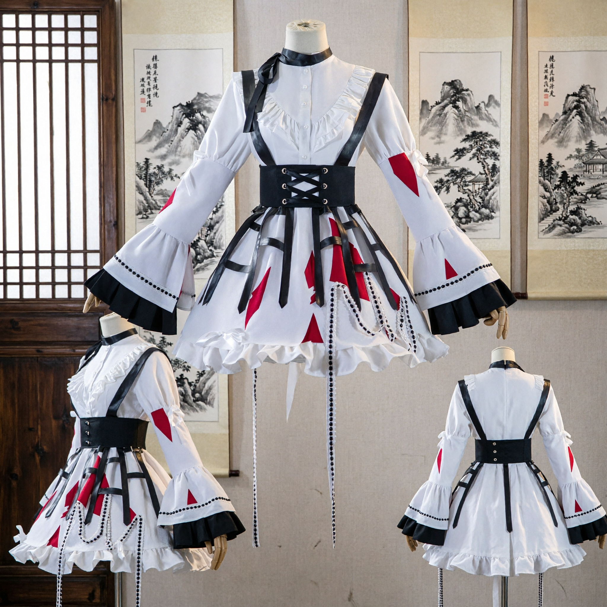 Elegant White Gothic Maid Cosplay Costume Dress with Red Diamonds for Women Halloween Party - Asian Costume