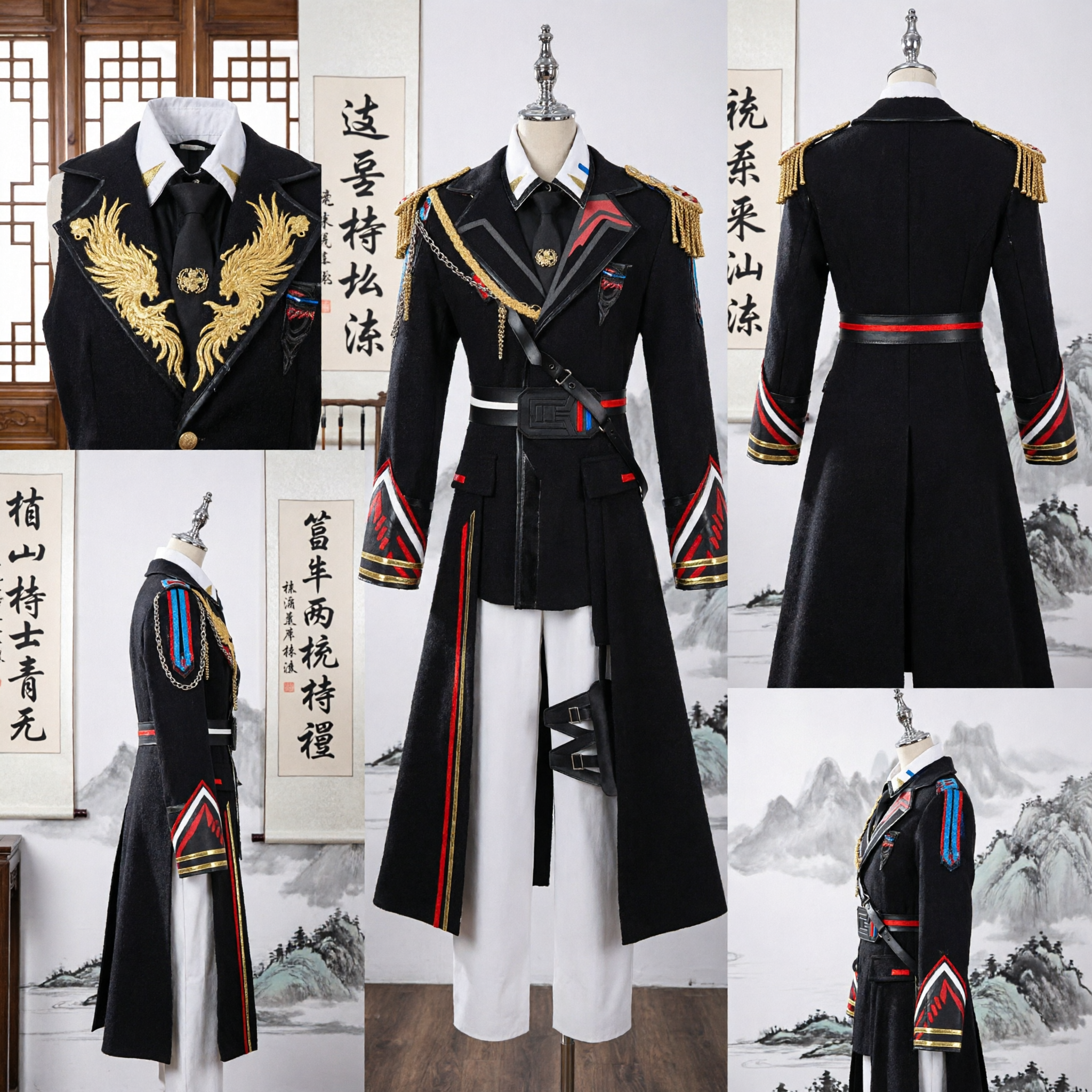 Men's Black Military Officer Cosplay Costume Full Set with Gold Chain and White Trousers for Halloween - Asian Costume