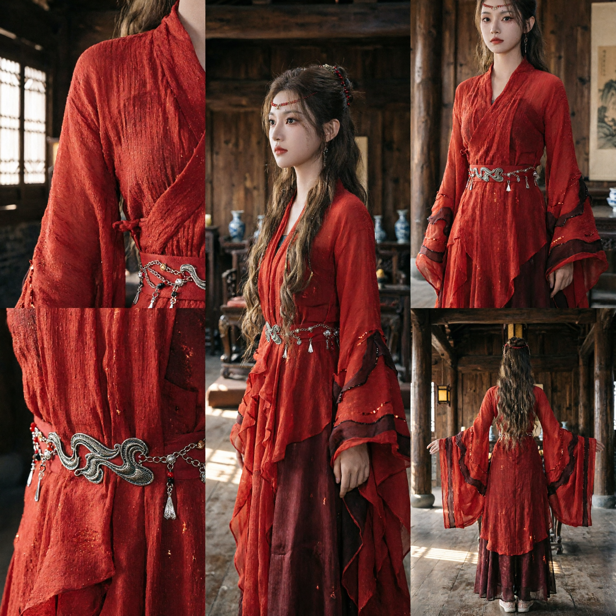 Ancient Chinese Red Hanfu Dress Women Wuxia Swordswoman Traditional Cosplay Costume Full Set - Asian Costume