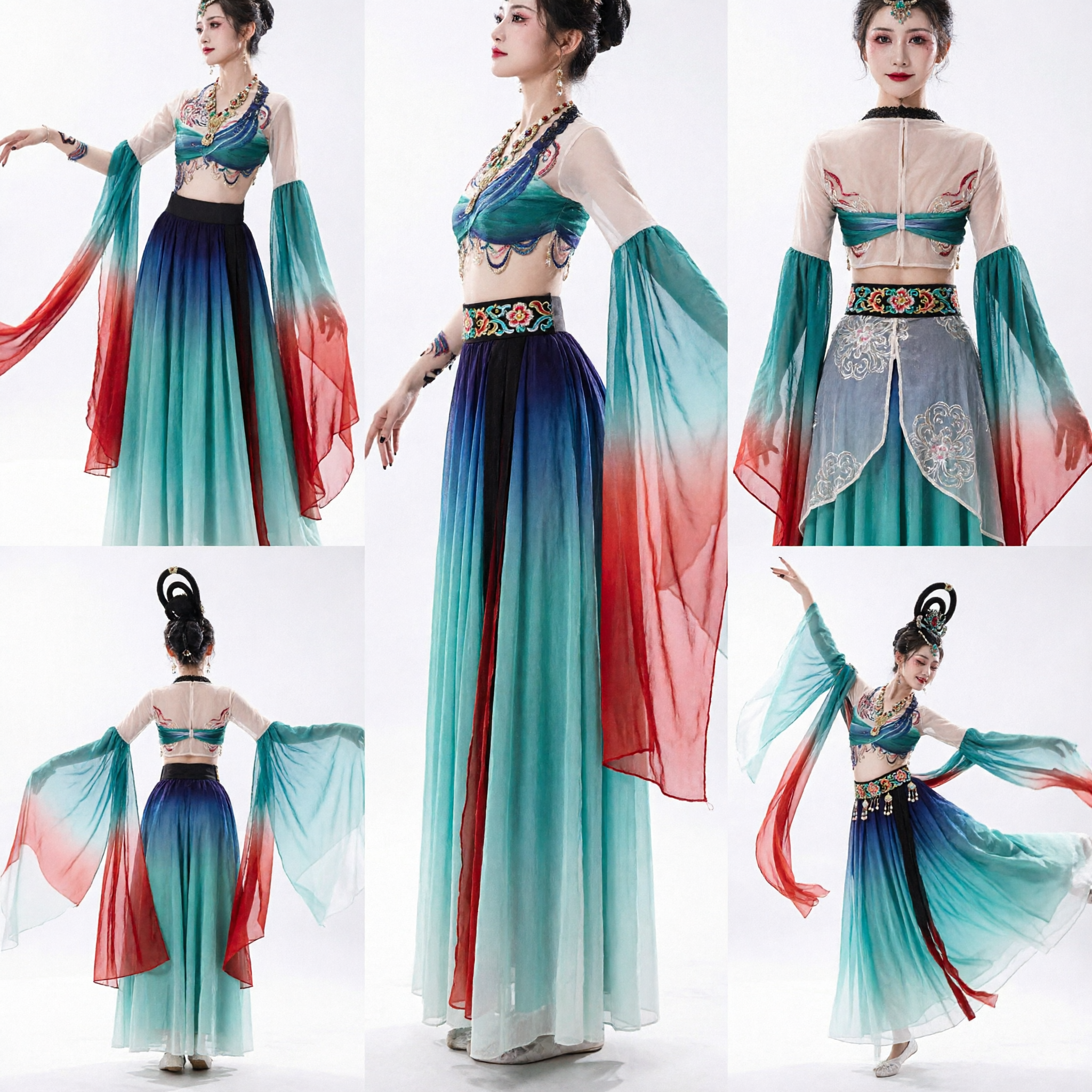 Traditional Chinese Dunhuang Dance Costume for Women Classical Stage Performance Dress Gradient Ribbon Skirt Set - Asian Costume