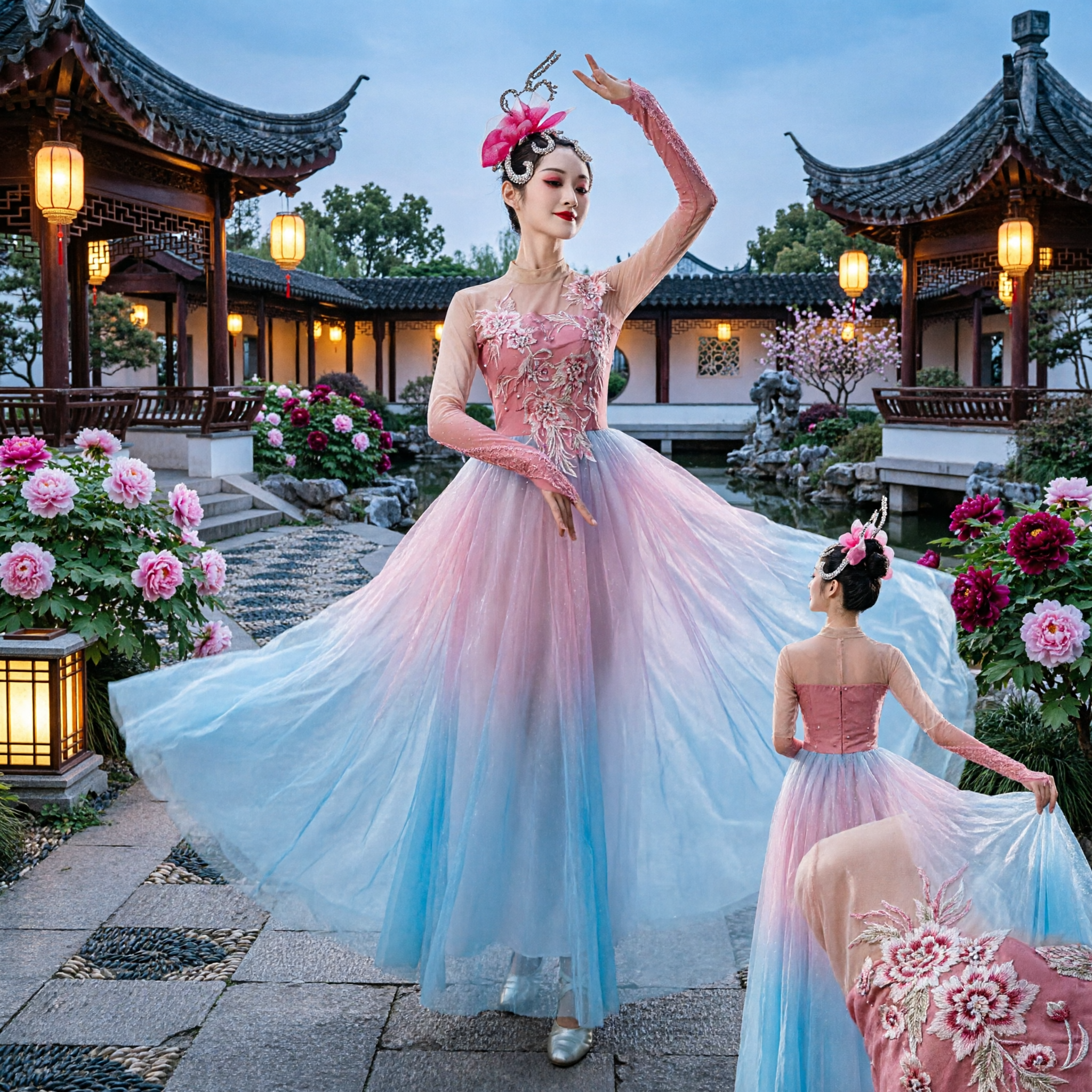 Elegant Women's Chinese Classical Dance Costume Pink Gradient Tulle Gown with Floral Embroidery for Stage Performance - Asian Costume