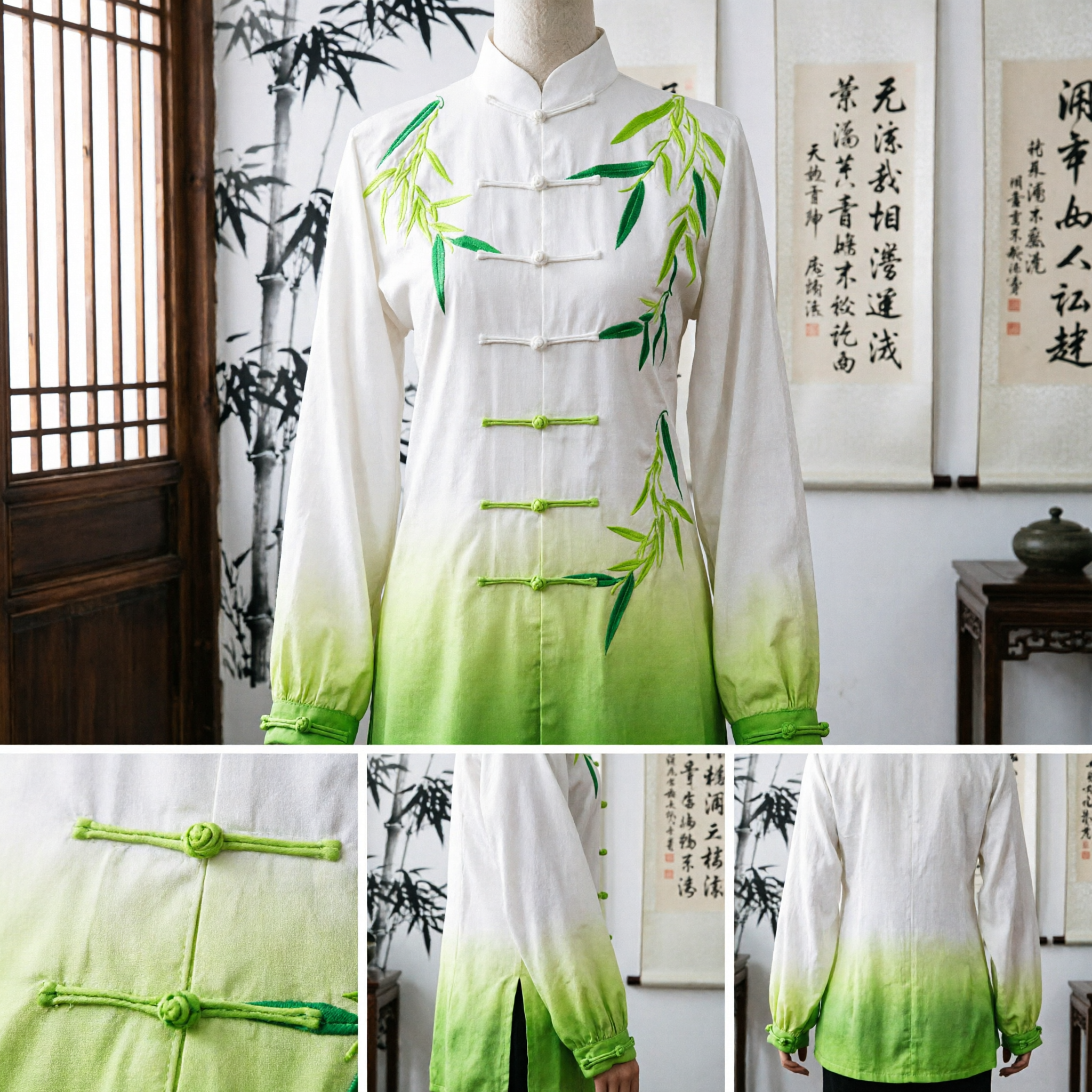 Traditional Chinese Tai Chi Uniform Kung Fu Suit Silk Bamboo Pattern Martial Arts Clothing Set - Asian Costume