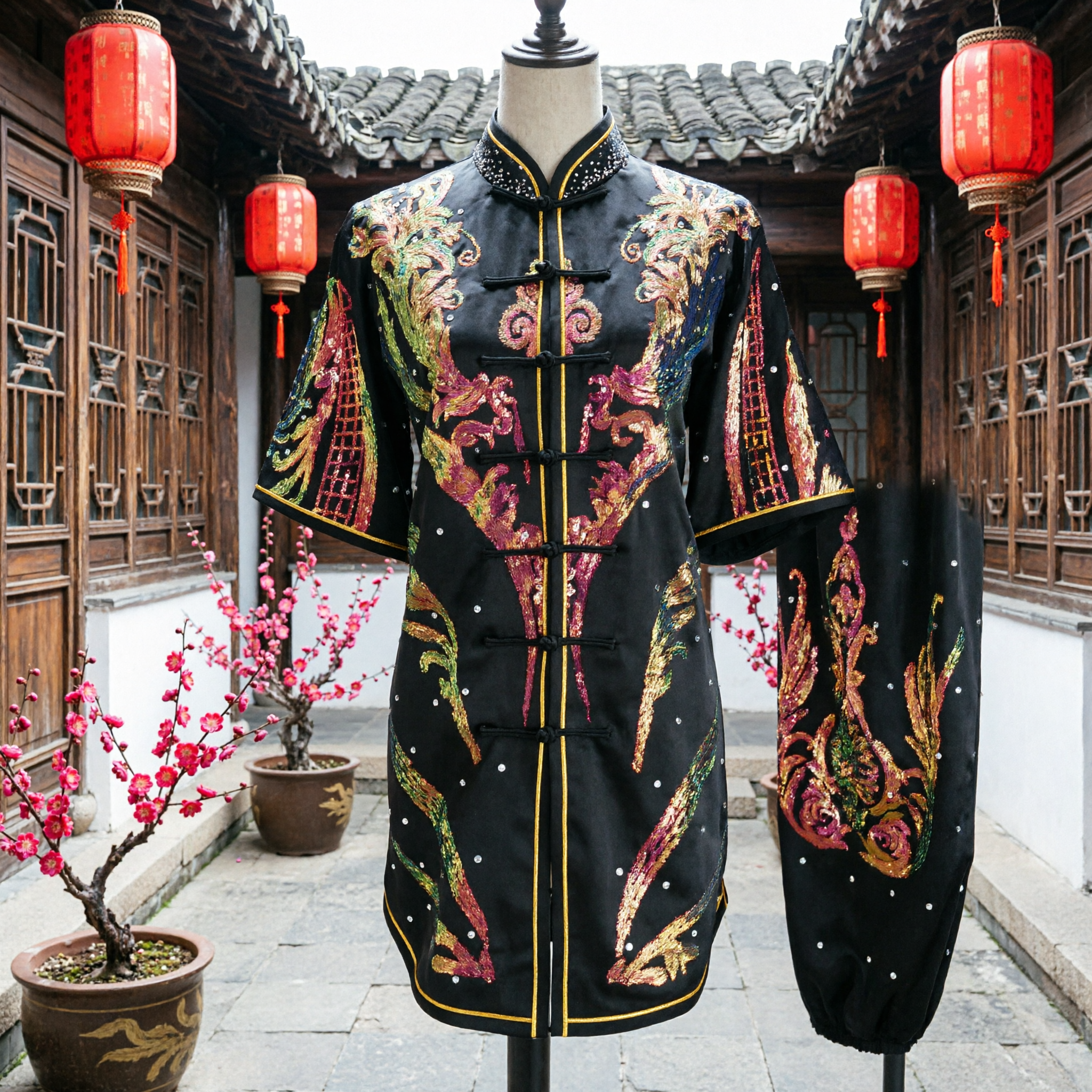 Traditional Chinese Kung Fu Uniform Women Black Sequin Dragon Embroidery Tai Chi Martial Arts Performance Costume - Asian Costume