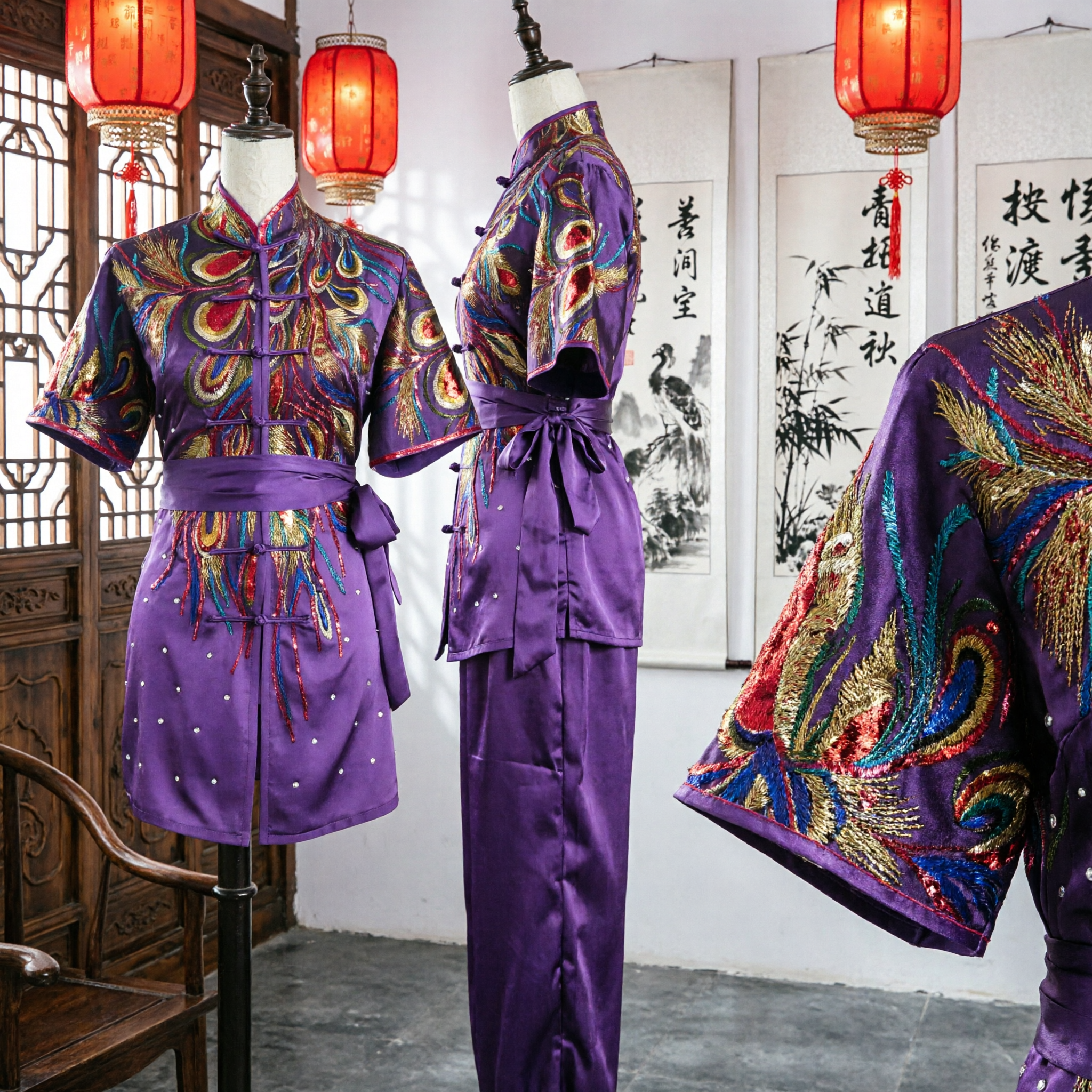 Purple Peacock Embroidery Chinese Kung Fu Suit Tai Chi Uniform Traditional Martial Arts Performance Costume for Women - Asian Costume