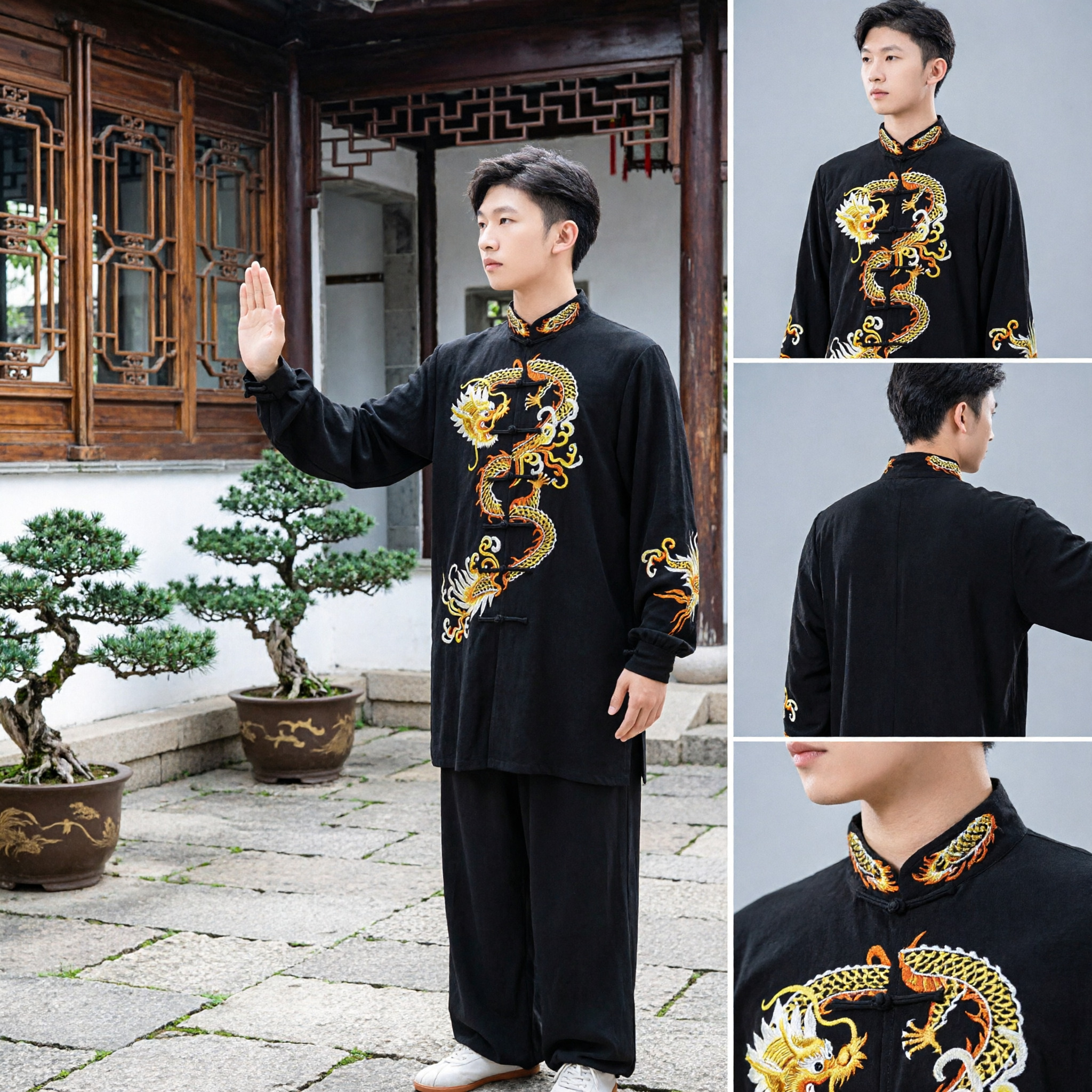 Men's Black Traditional Chinese Kung Fu Uniform Gold Dragon Embroidery Tai Chi Martial Arts Tang Suit - Asian Costume