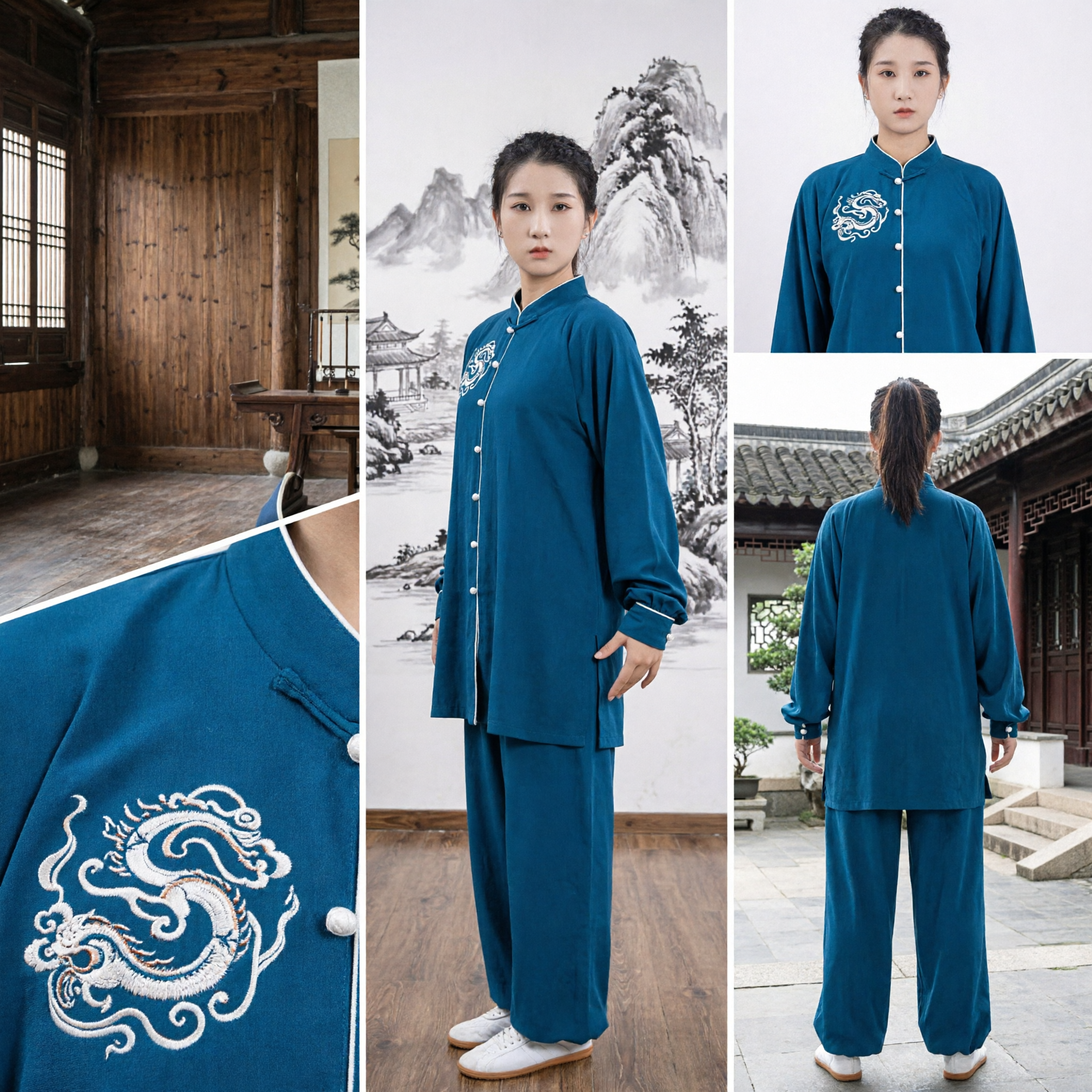 Traditional Chinese Tai Chi Uniform Women Kung Fu Suit Teal Blue Dragon Embroidery Martial Arts Clothing Set - Asian Costume