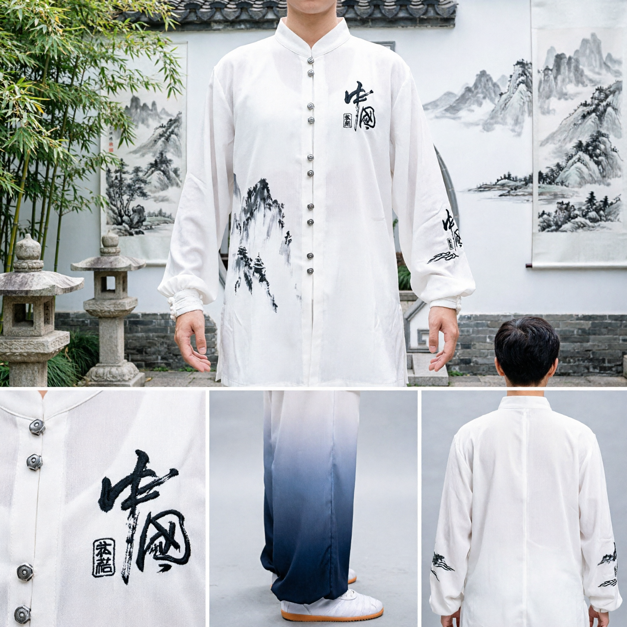 Women's Traditional Tai Chi Uniform Set White Ink Wash Painting Top Gradient Pants Kung Fu Martial Arts Clothing - Asian Costume