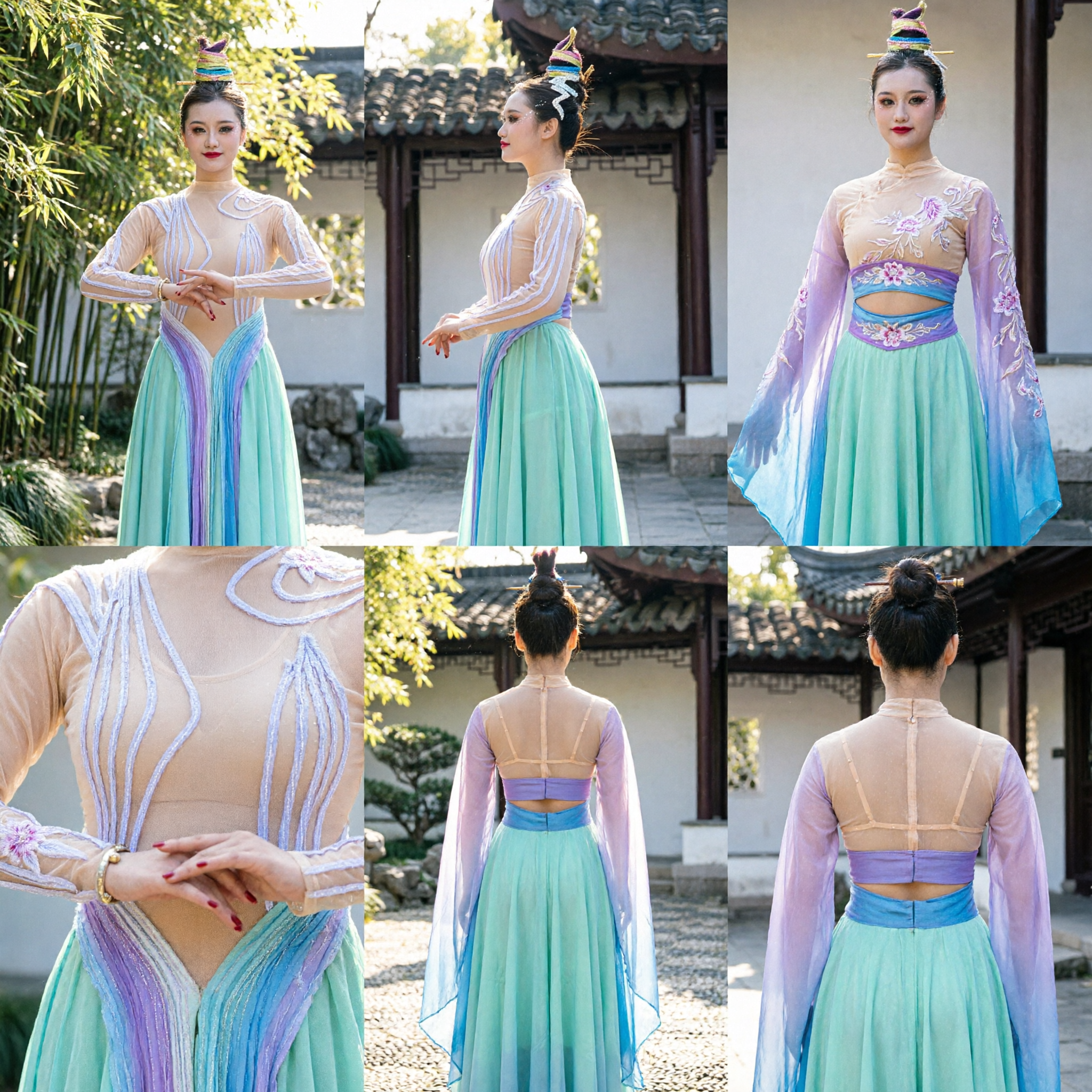 Chinese Folk Dance Costume Women Modern Traditional Stage Performance Dress Mint Green Gradient Skirt Sheer Mesh Top - Asian Costume