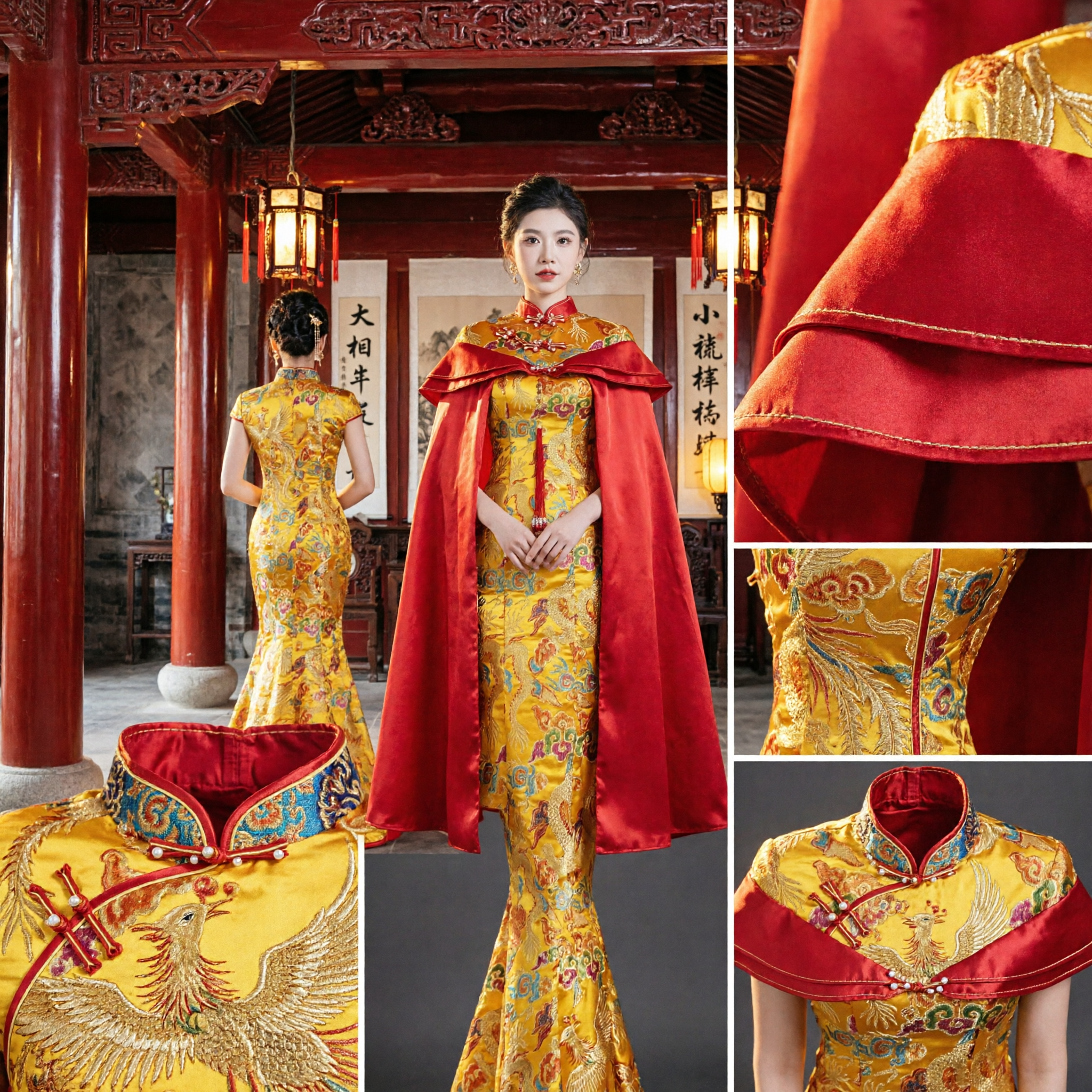 Traditional Chinese Wedding Dress Yellow Dragon Phoenix Embroidered Mermaid Xiu He Fu with Red Cape Bridal Gown - Asian Costume