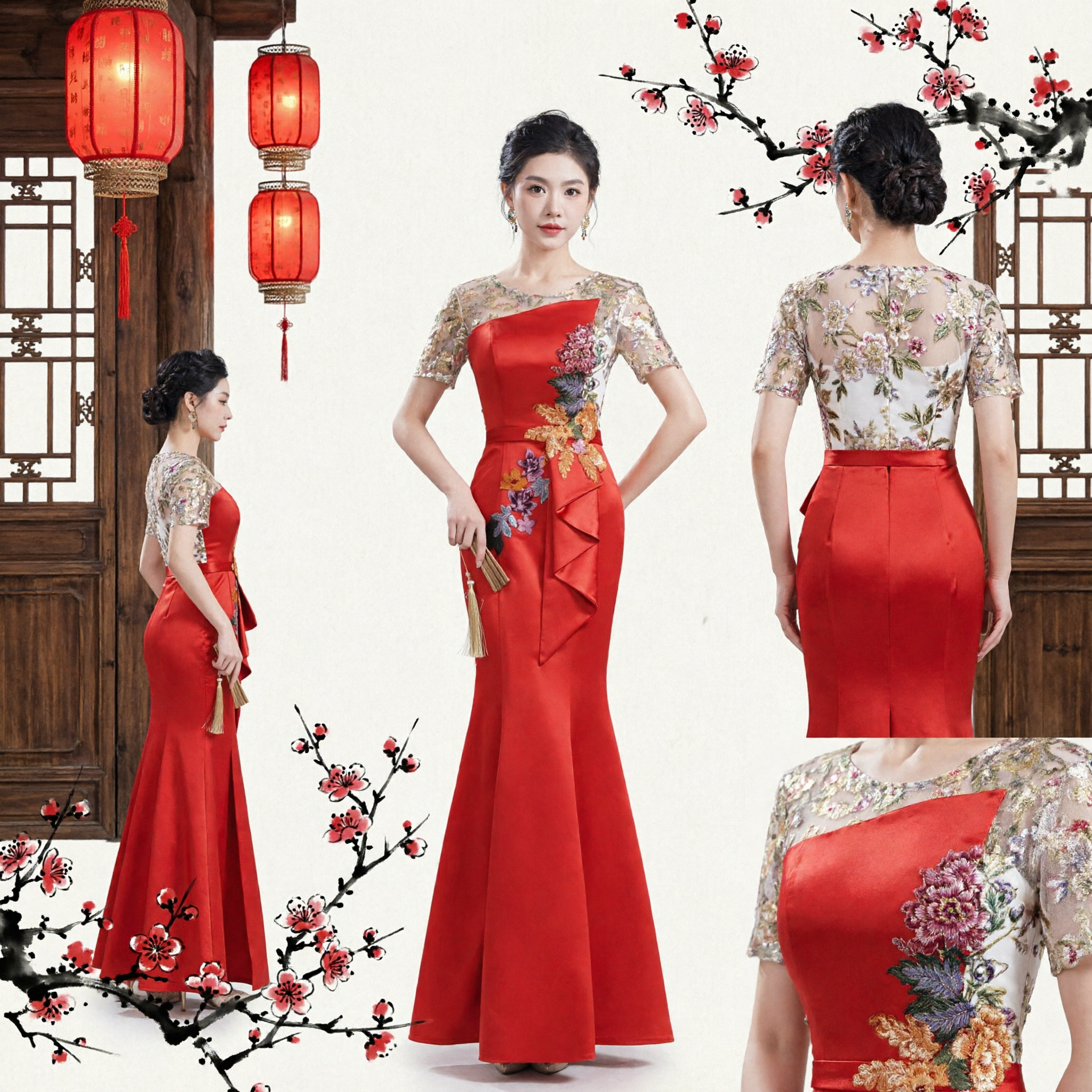 Elegant Red Mermaid Wedding Toast Dress Chinese Style Evening Gown with Floral Embroidery for Bride Hostess - Asian Costume