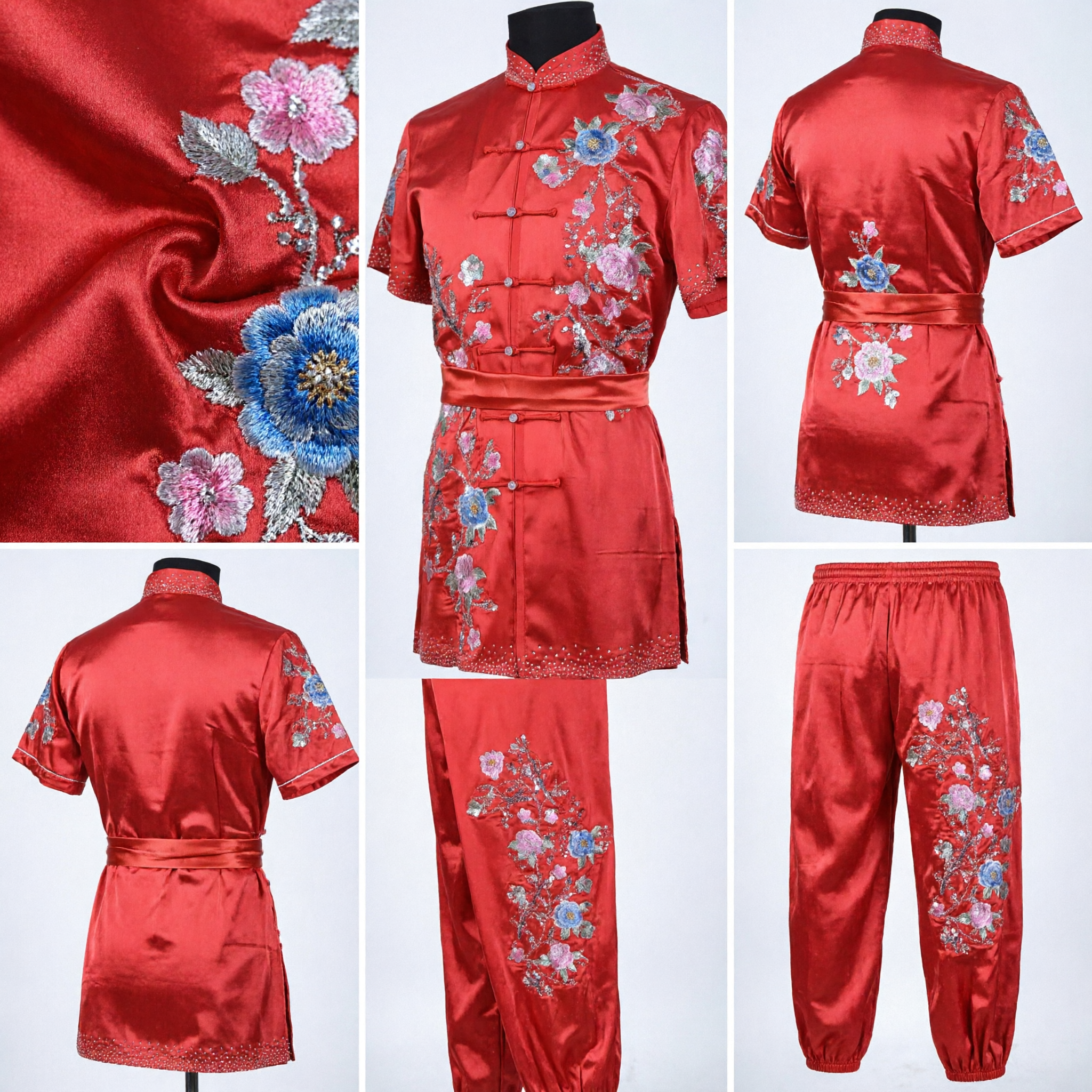 Women's Red Floral Embroidered Chinese Kung Fu Suit Traditional Tai Chi Martial Arts Uniform Costume - Asian Costume