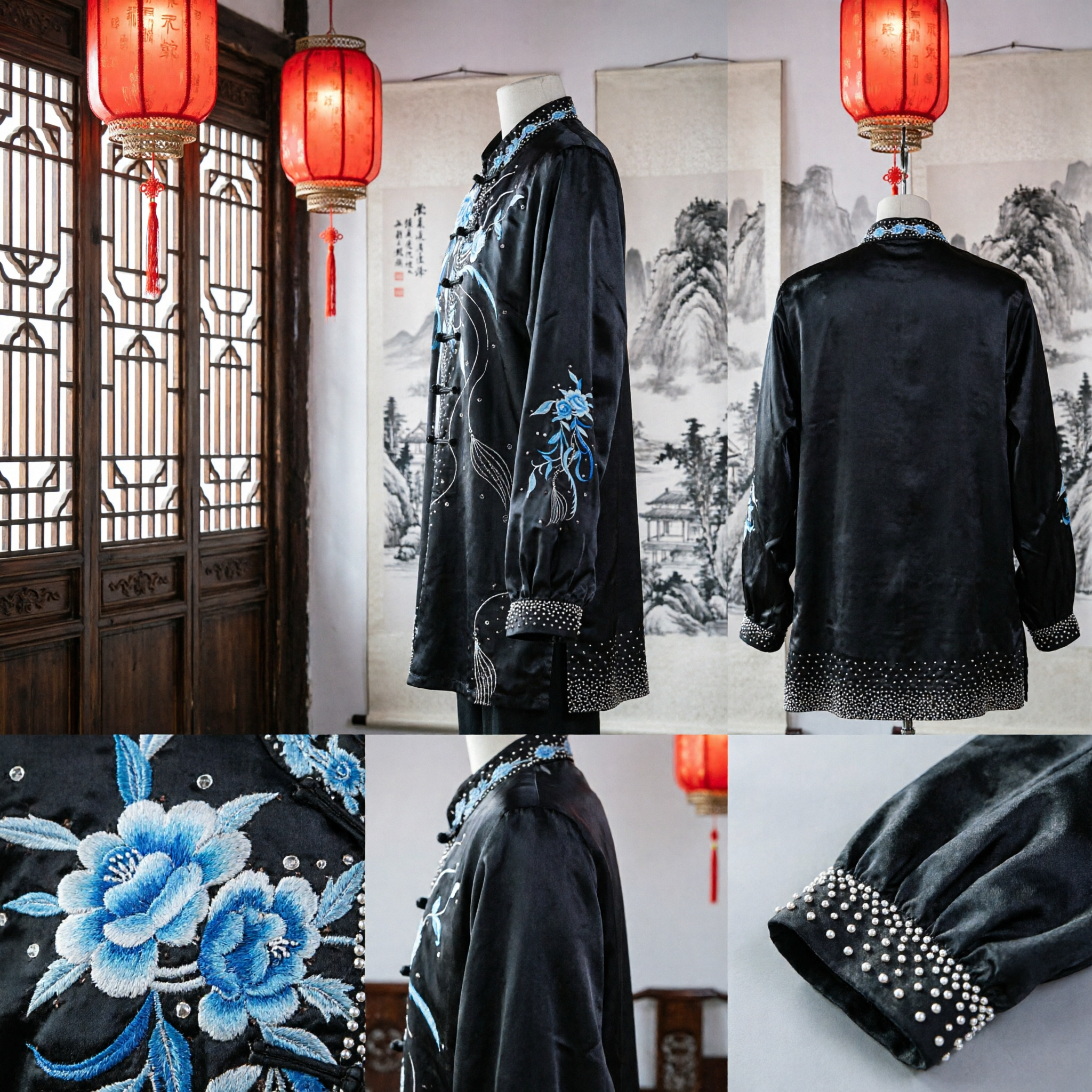 Traditional Chinese Martial Arts Uniform Black Tai Chi Suit Blue Floral Embroidery Kung Fu Wushu Costume Set - Asian Costume