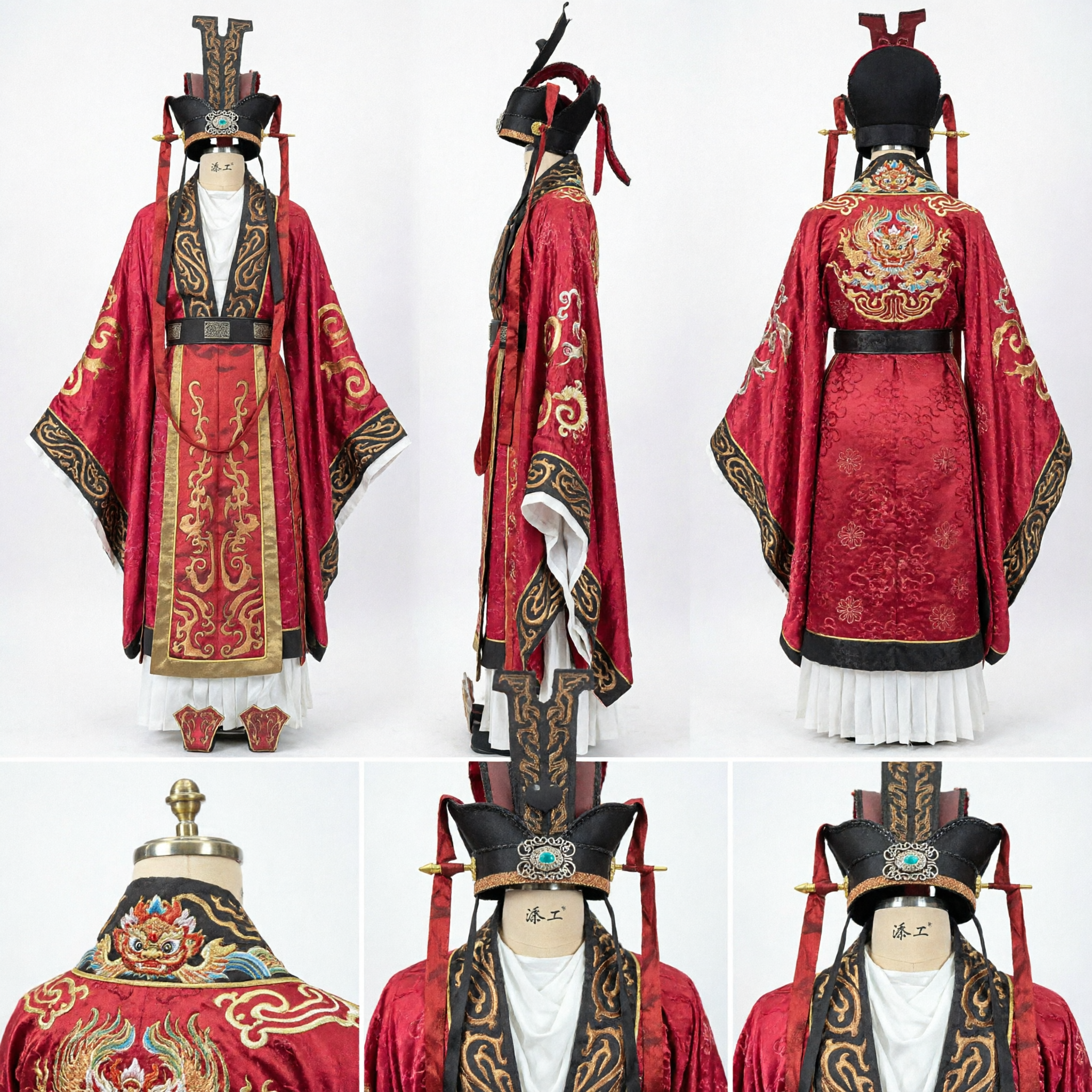 Ancient Chinese Hanfu Prince Costume Red Gold Embroidered Official Robe and Hat for Men Cosplay - Asian Costume
