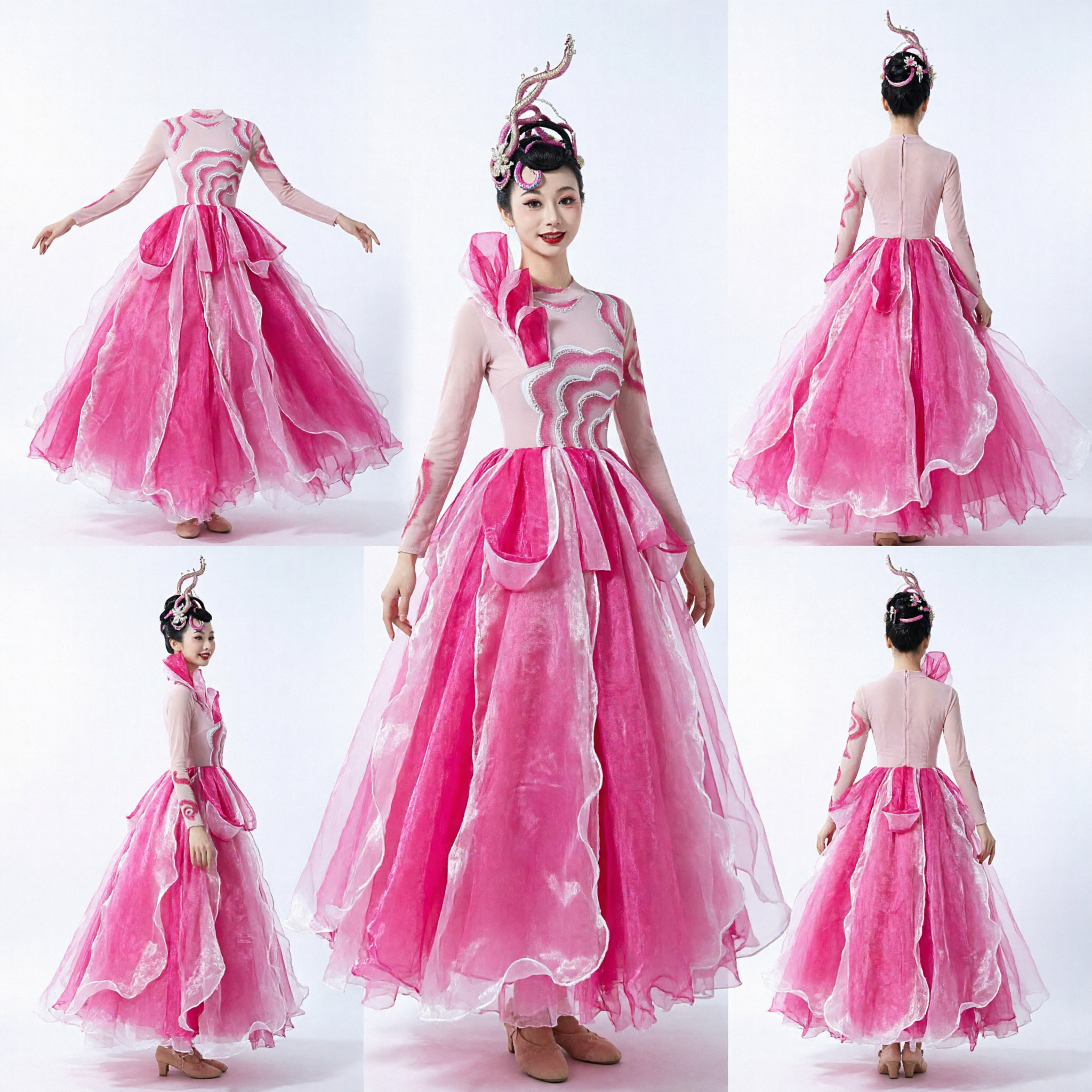 Elegant Pink Classical Chinese Dance Costume Women Traditional Long Sleeve Stage Performance Dress - Asian Costume